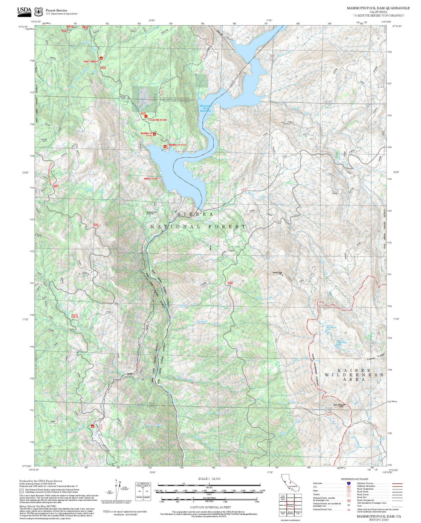 2025 Forest Service Topo Map of Mammoth Pool Dam California