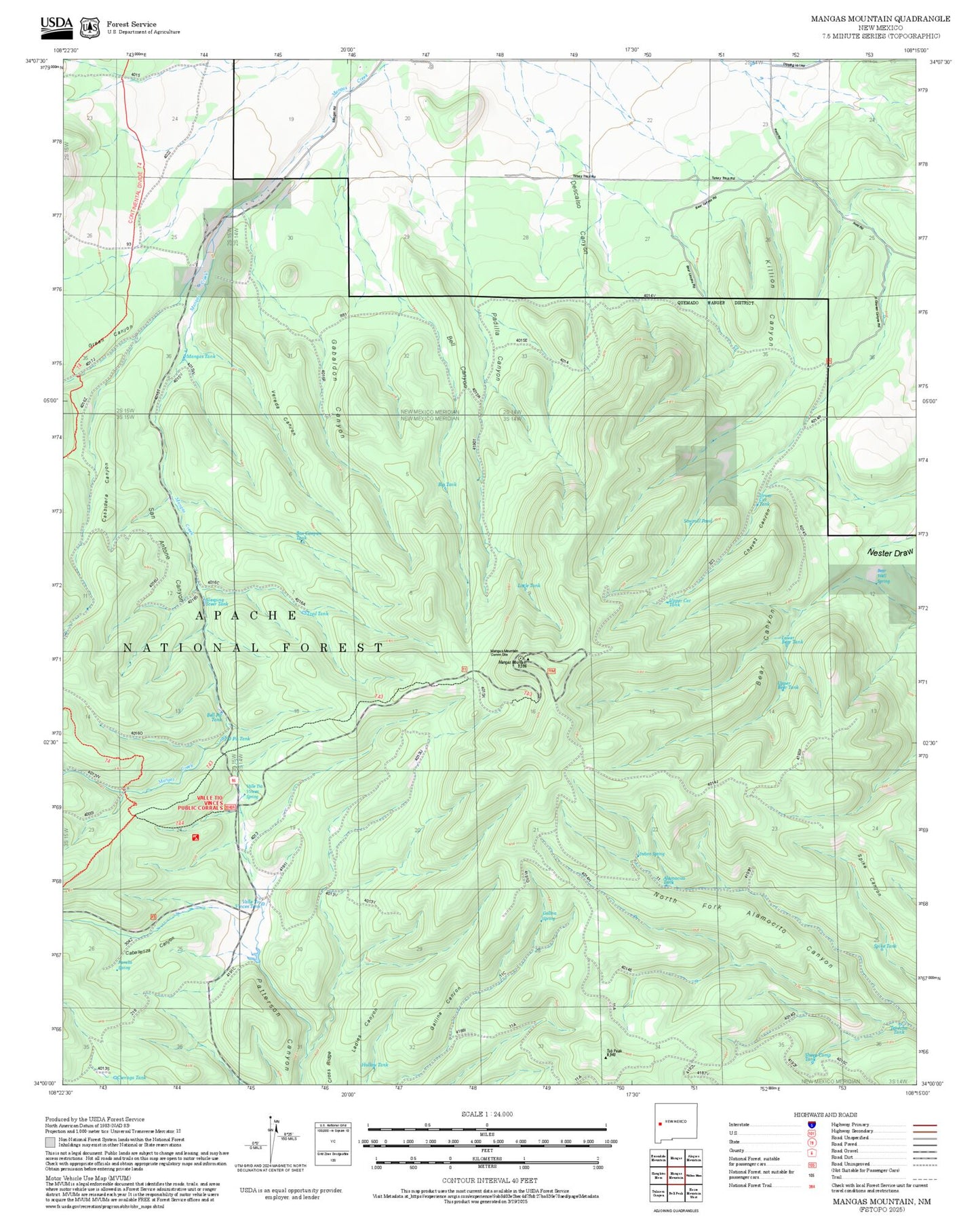 2025 Forest Service Topo Map of Mangas Mountain New Mexico