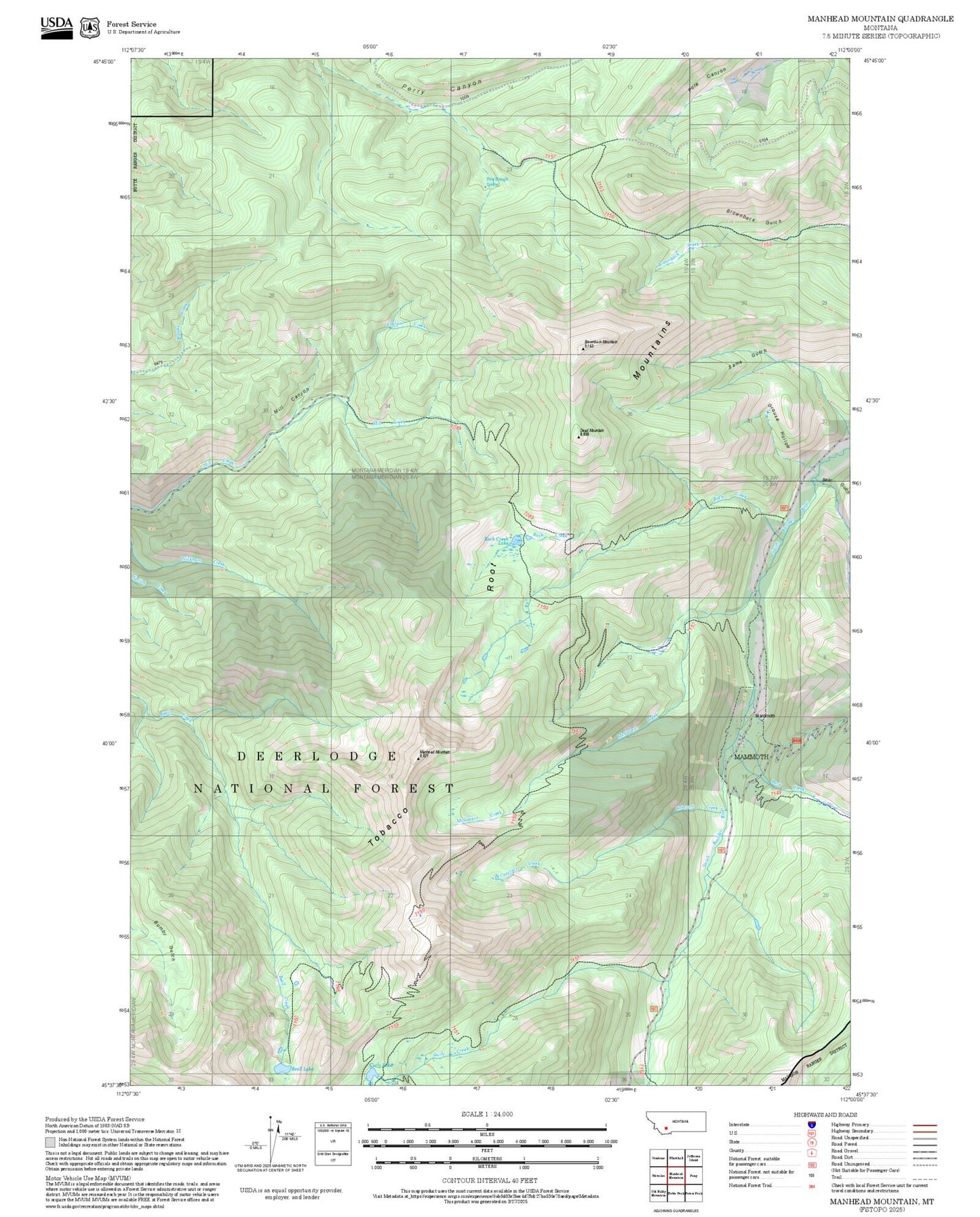 2025 Forest Service Topo Map of Manhead Mountain Montana