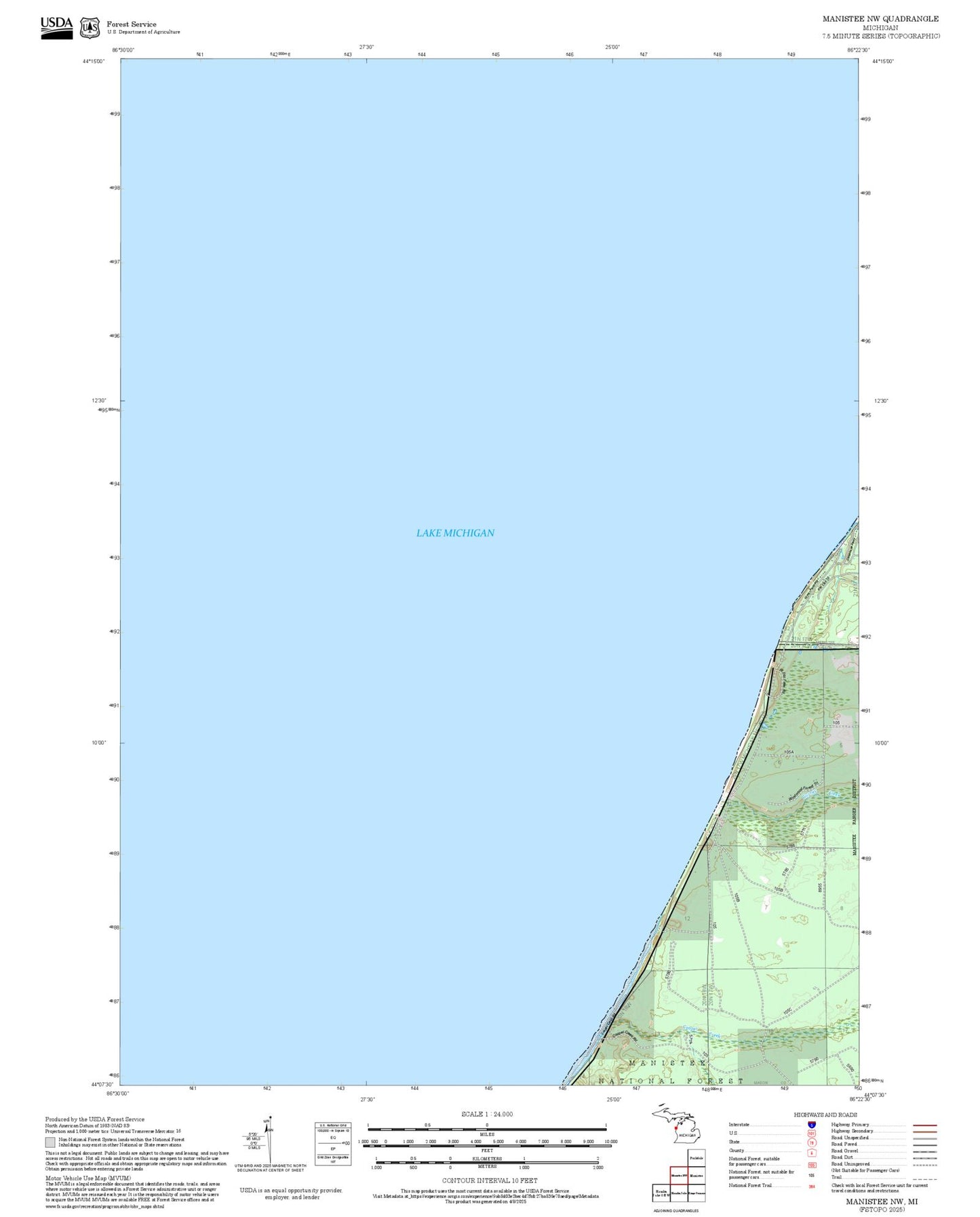 2025 Forest Service Topo Map of Manistee NW Michigan