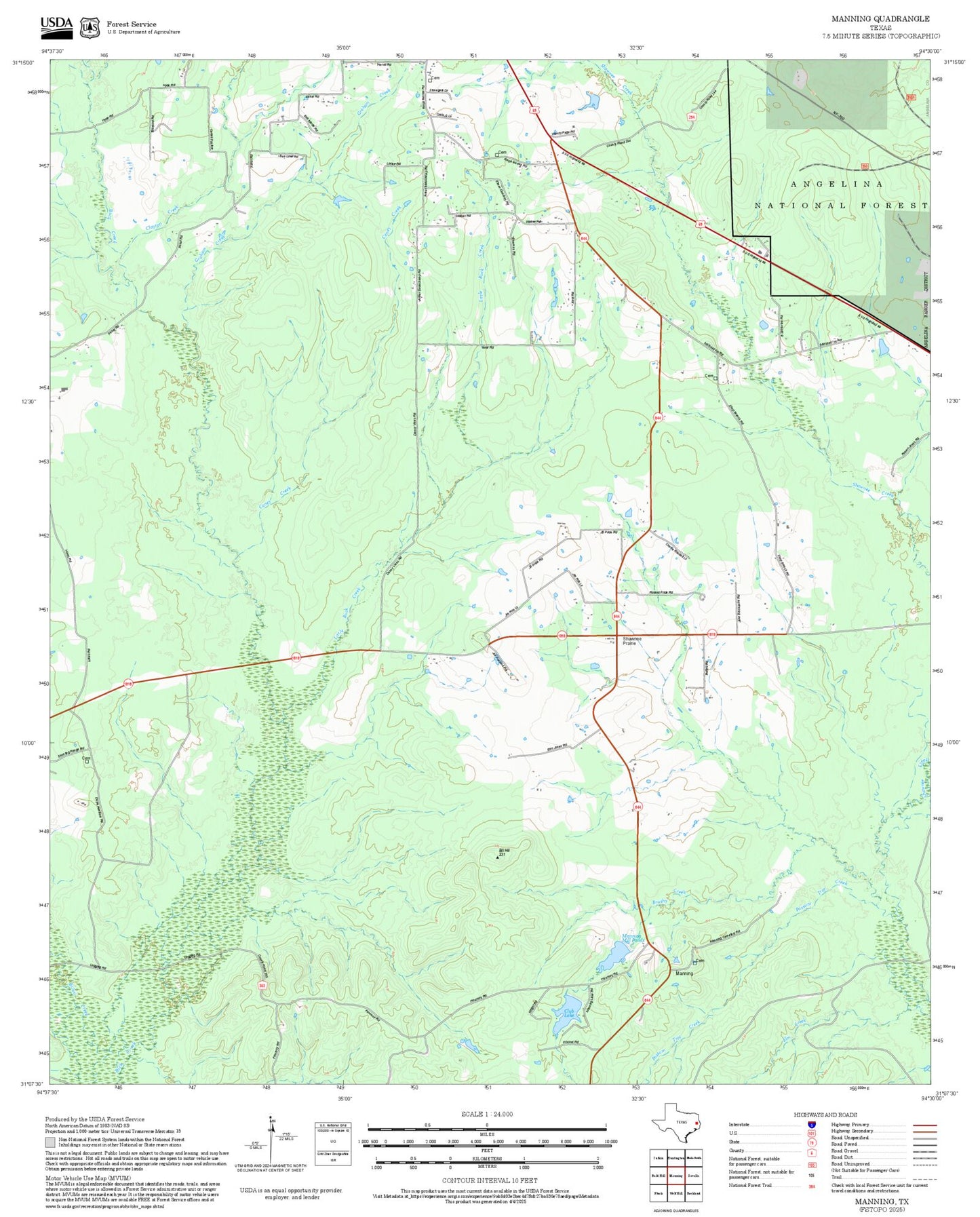 2025 Forest Service Topo Map of Manning Texas