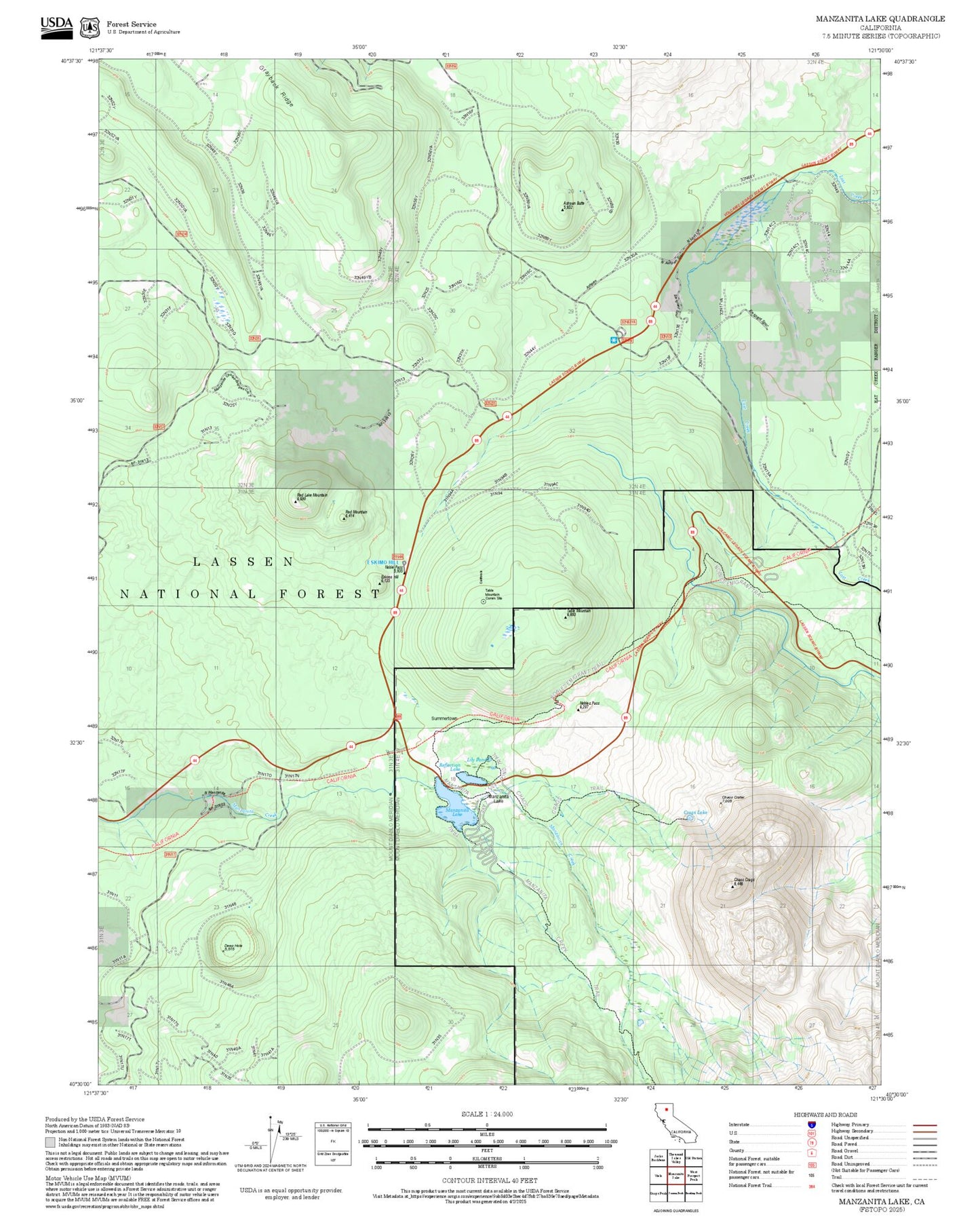 2025 Forest Service Topo Map of Manzanita Lake California
