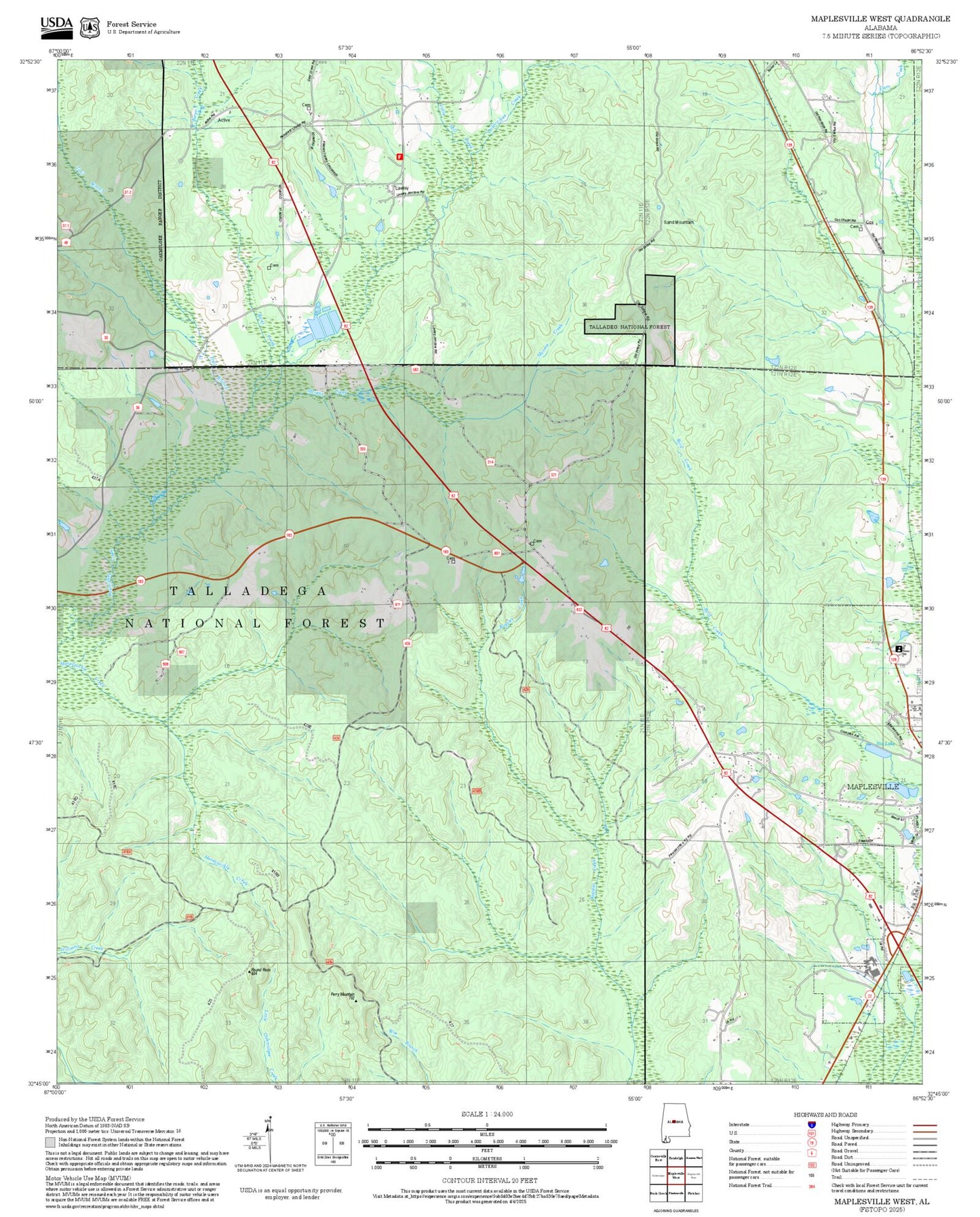 2025 Forest Service Topo Map of Maplesville West Alabama