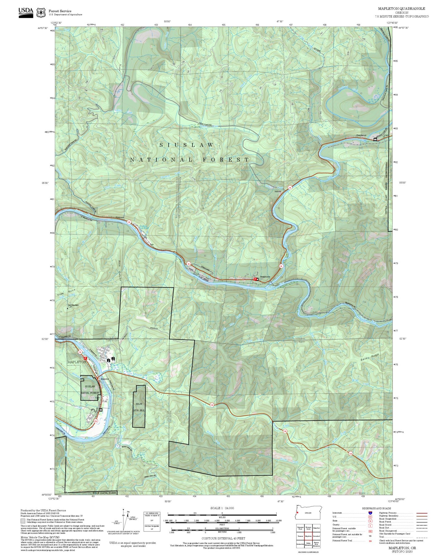 2025 Forest Service Topo Map of Mapleton Oregon