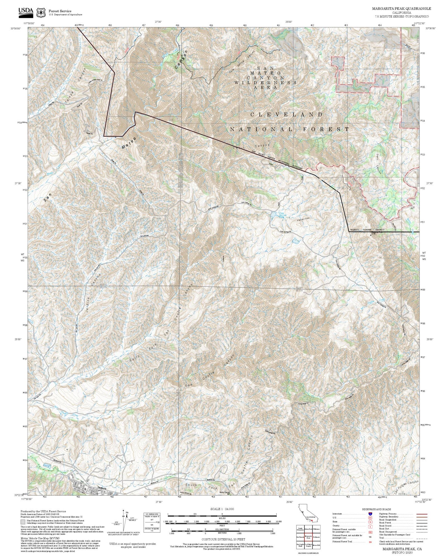 2025 Forest Service Topo Map of Margarita Peak California