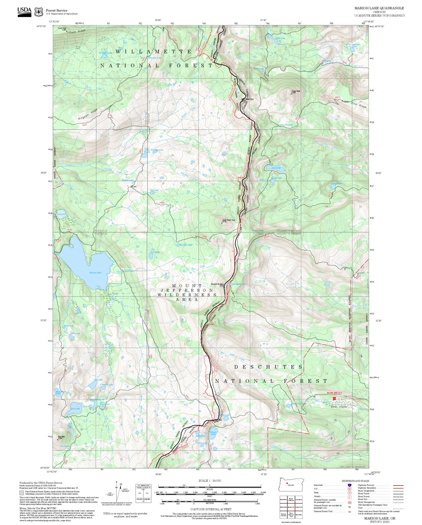 2025 Forest Service Topo Map of Marion Lake Oregon