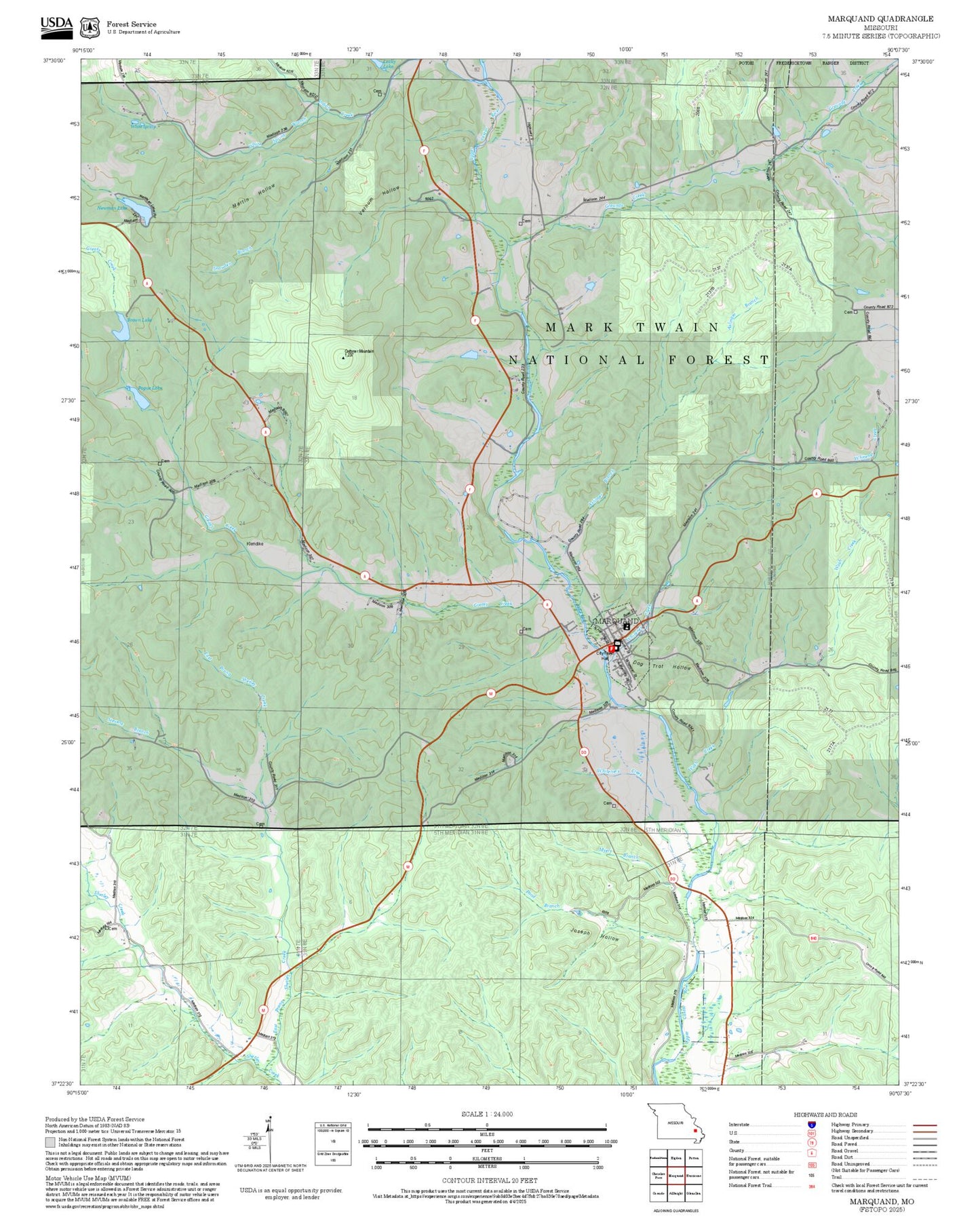 2025 Forest Service Topo Map of Marquand Missouri