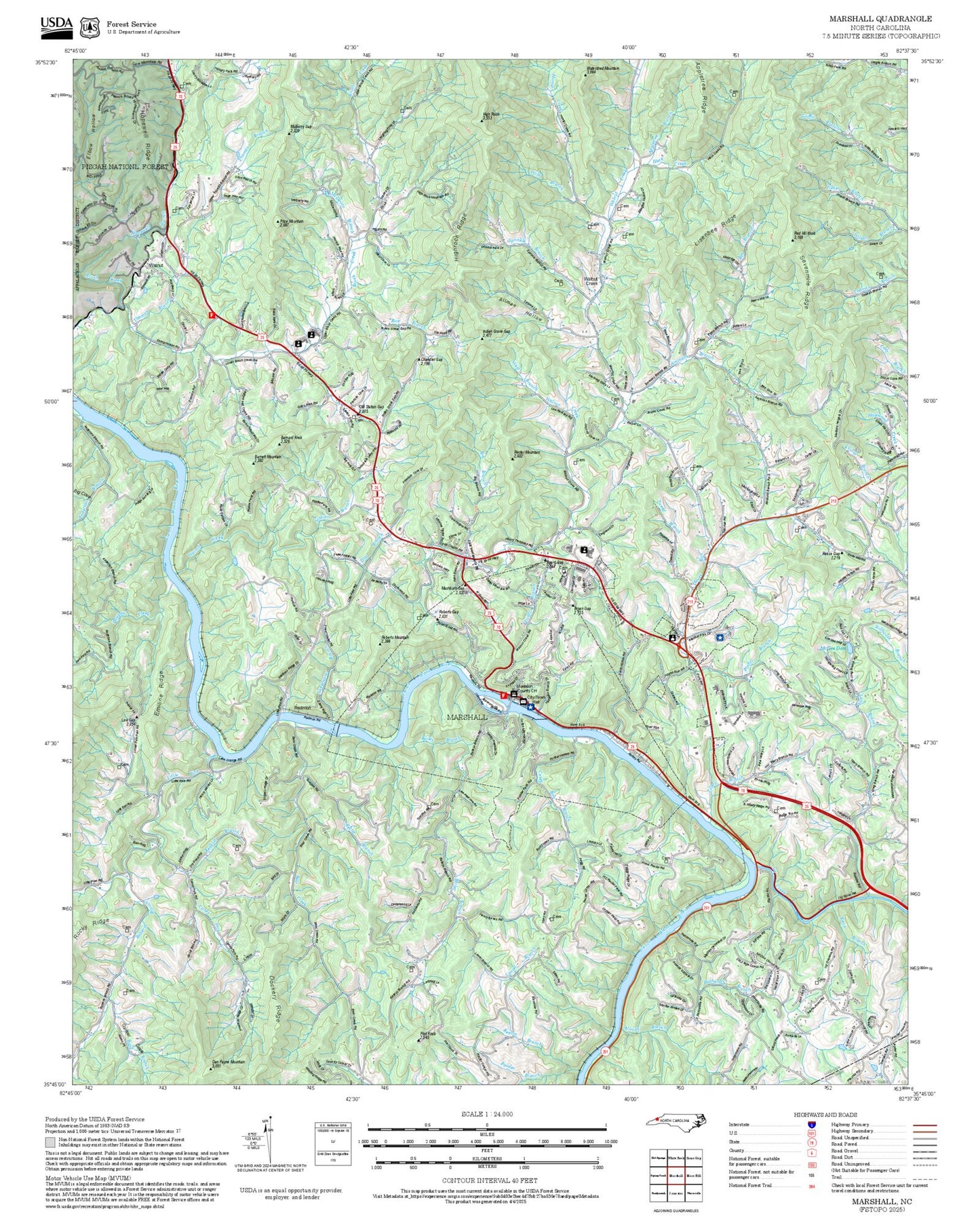 2025 Forest Service Topo Map of Marshall North Carolina
