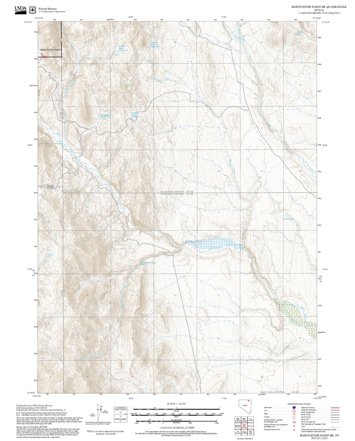 2025 Forest Service Topo Map of Marys River Basin SE Nevada