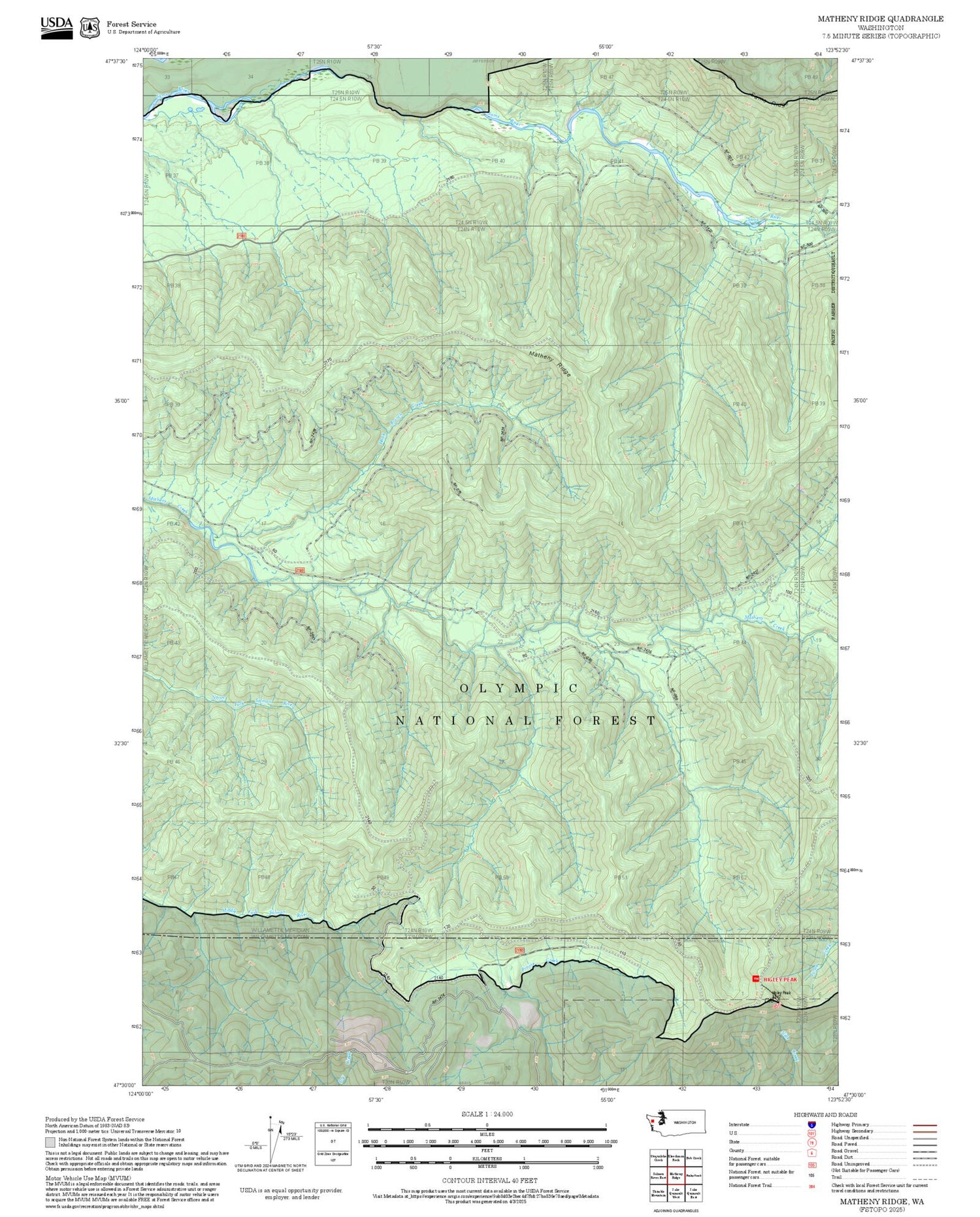 2025 Forest Service Topo Map of Matheny Ridge Washington