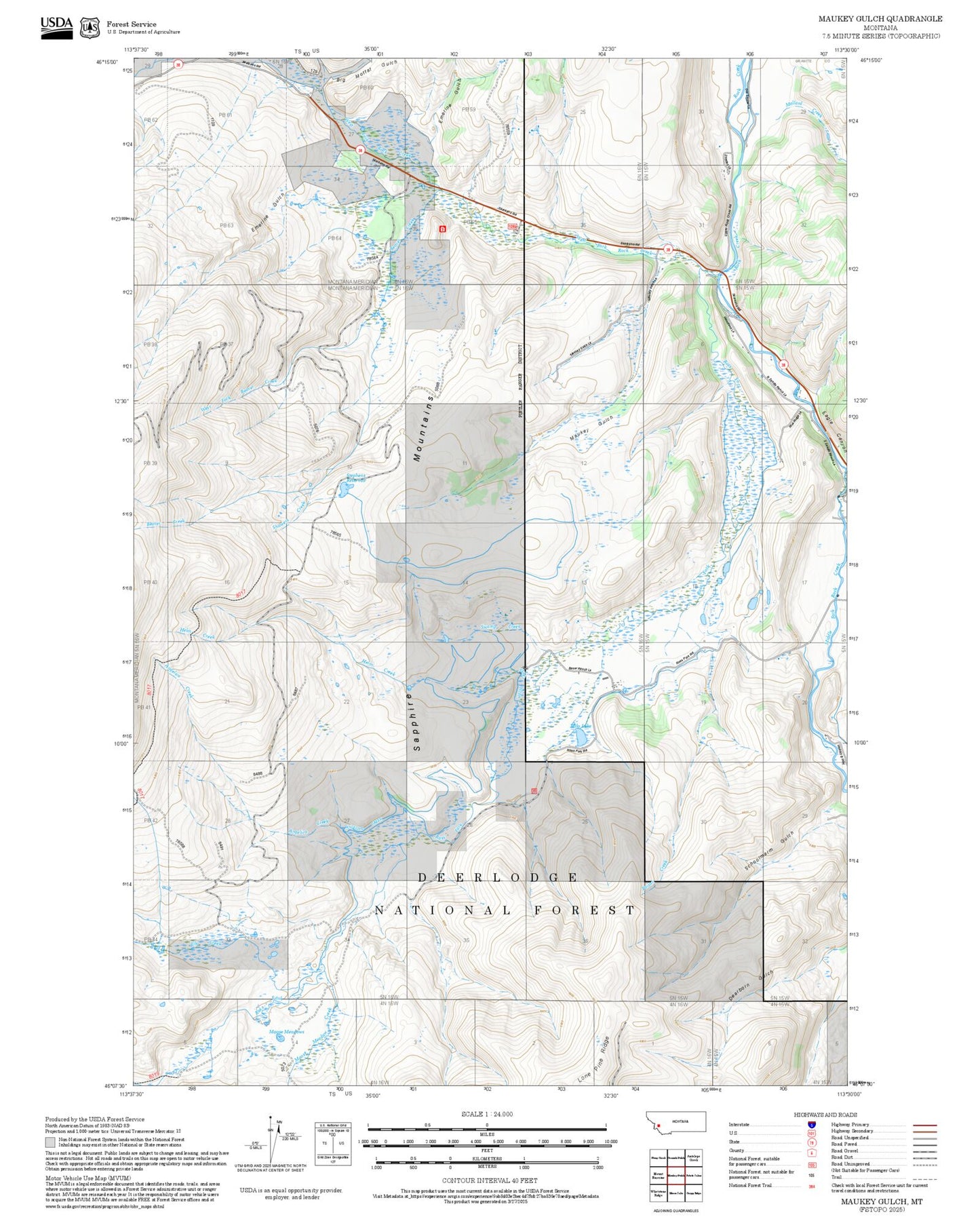 2025 Forest Service Topo Map of Maukey Gulch Montana