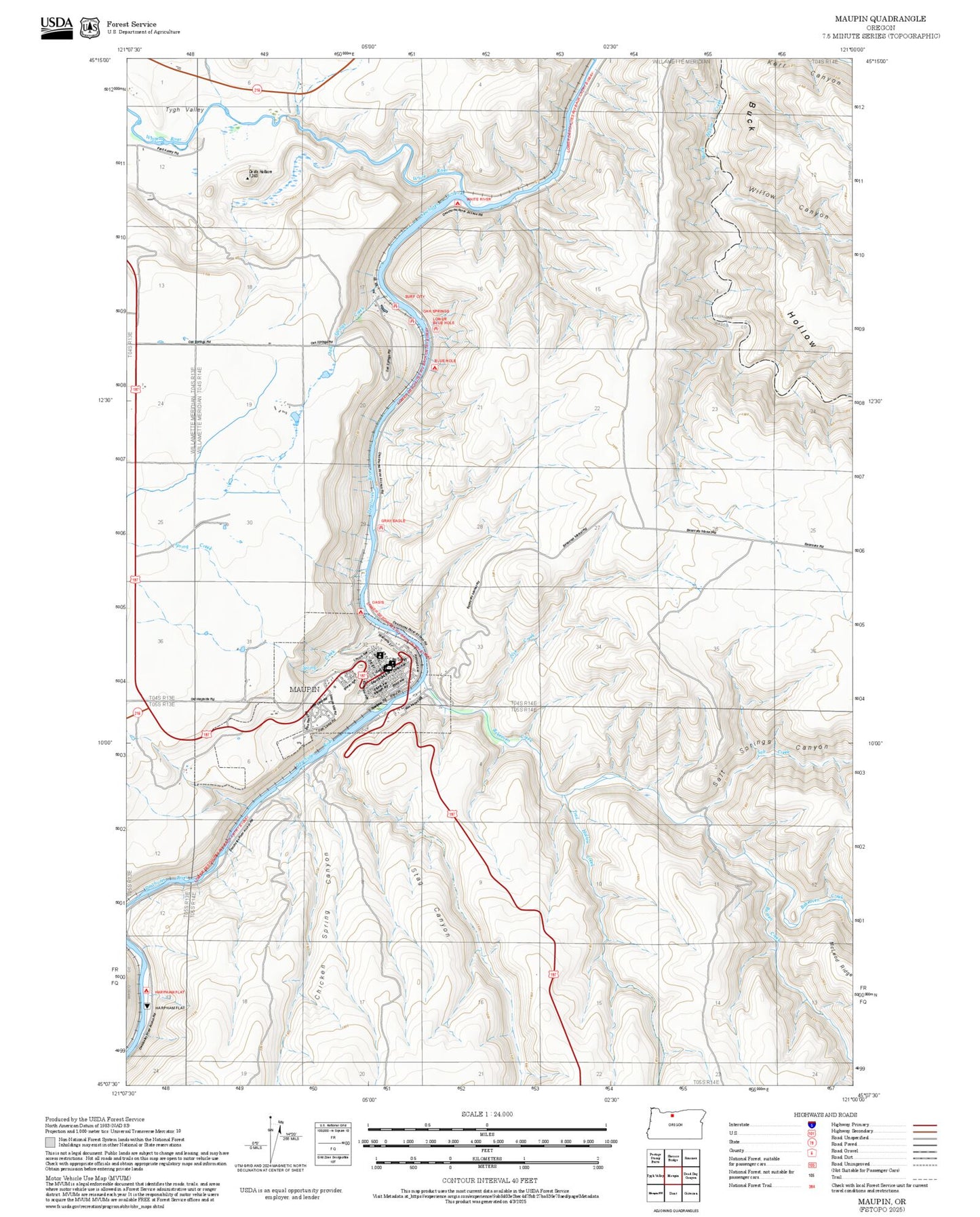 2025 Forest Service Topo Map of Maupin Oregon
