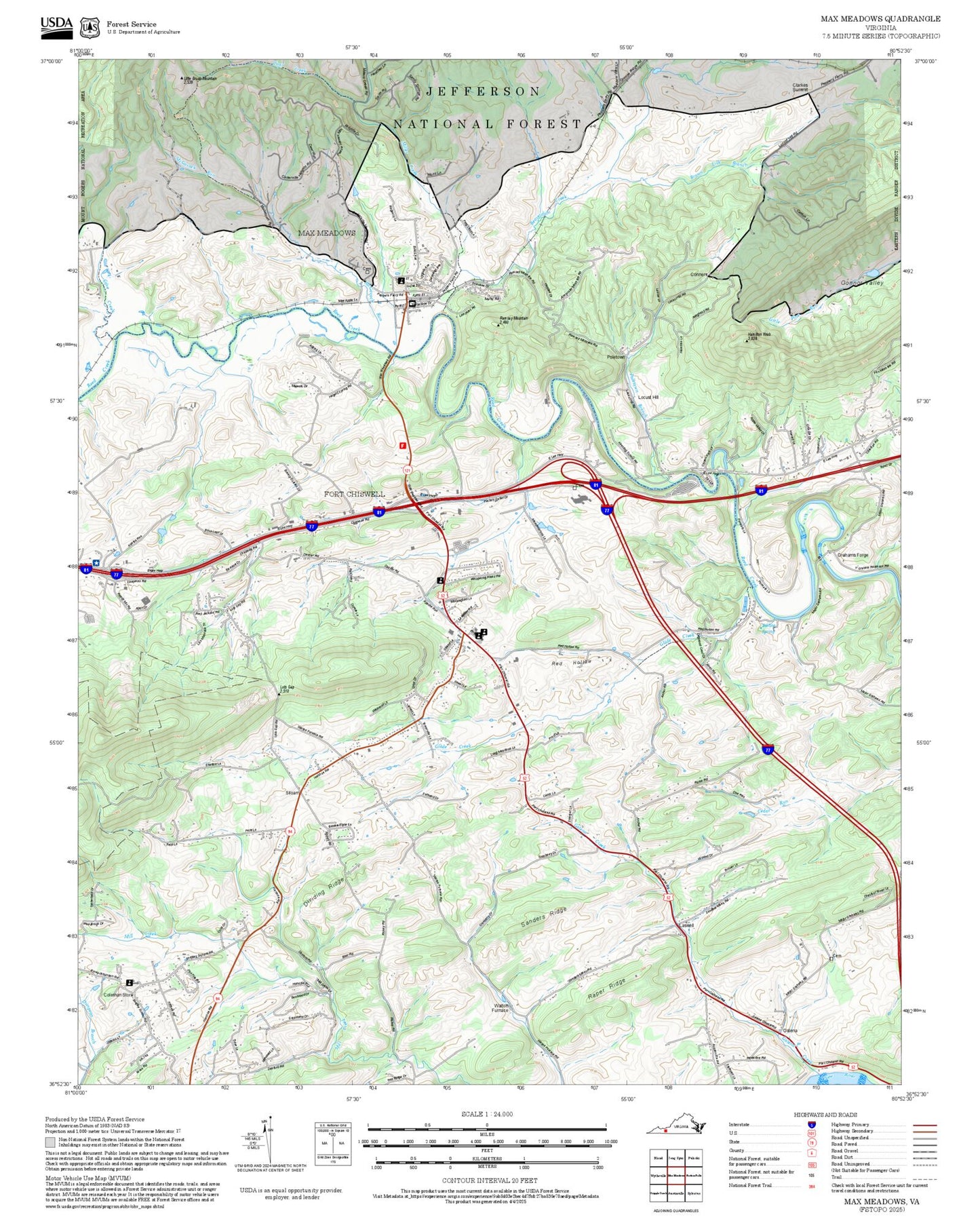 2025 Forest Service Topo Map of Max Meadows Virginia