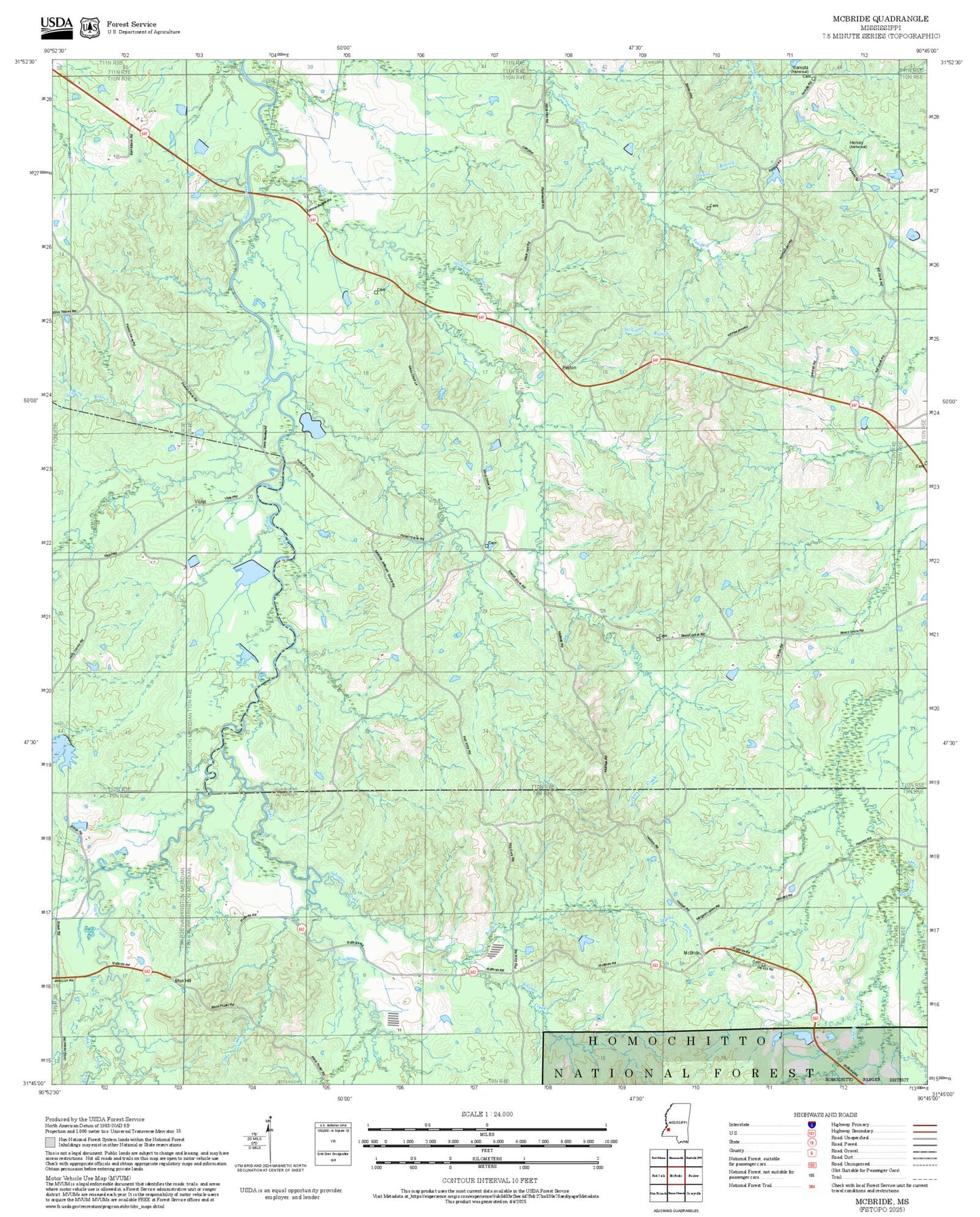 2025 Forest Service Topo Map of McBride Mississippi