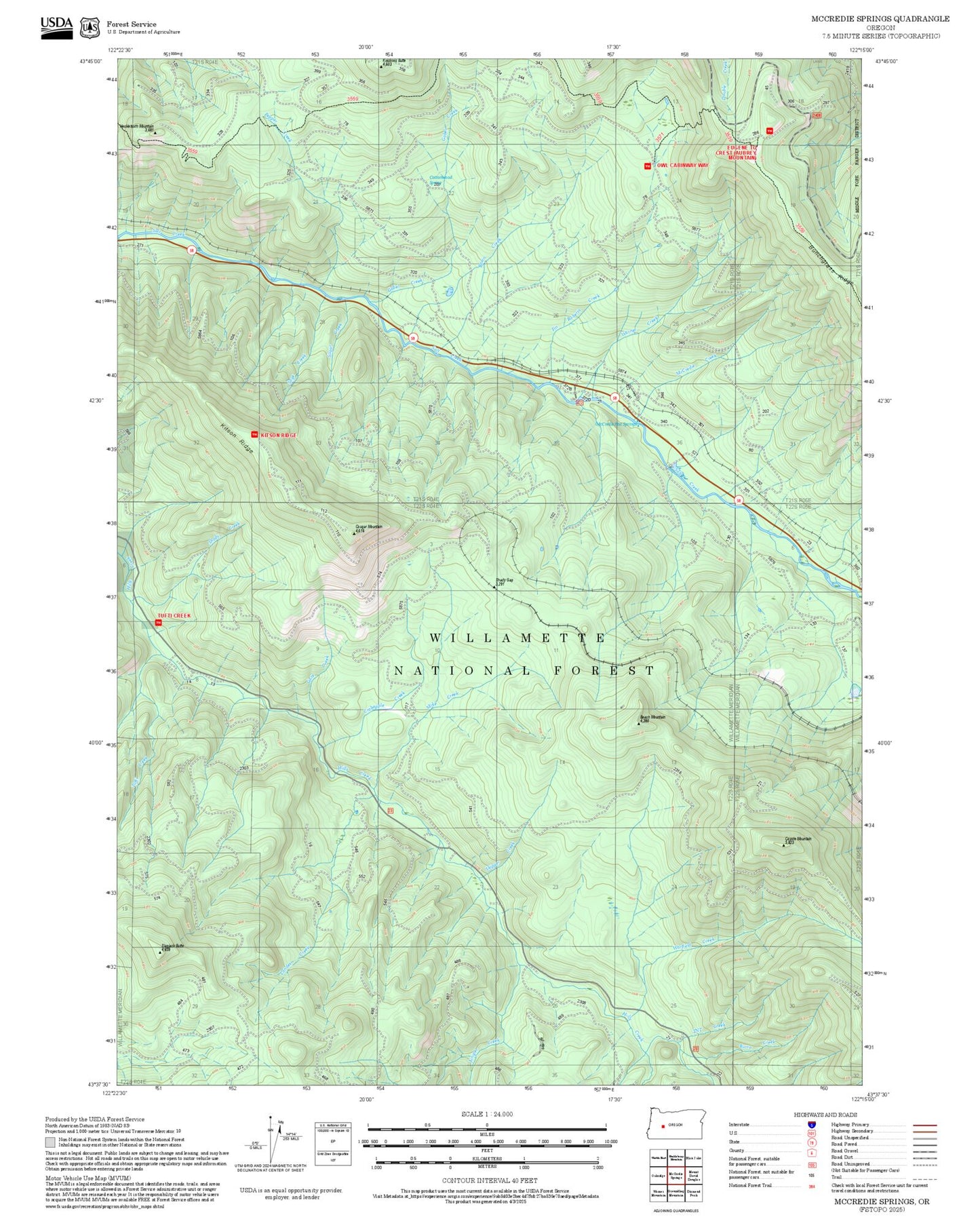 2025 Forest Service Topo Map of McCredie Springs Oregon