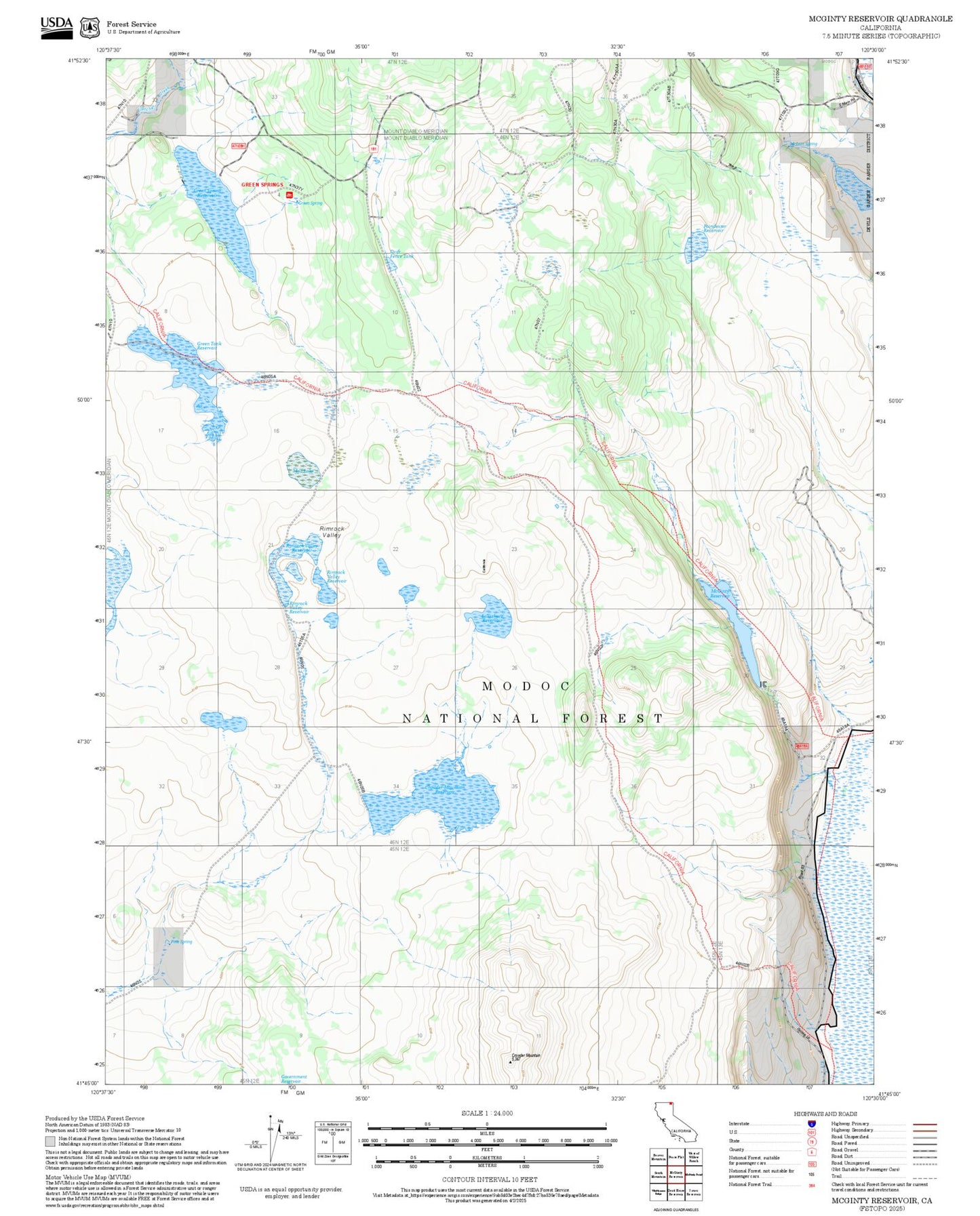 2025 Forest Service Topo Map of McGinty Reservoir California