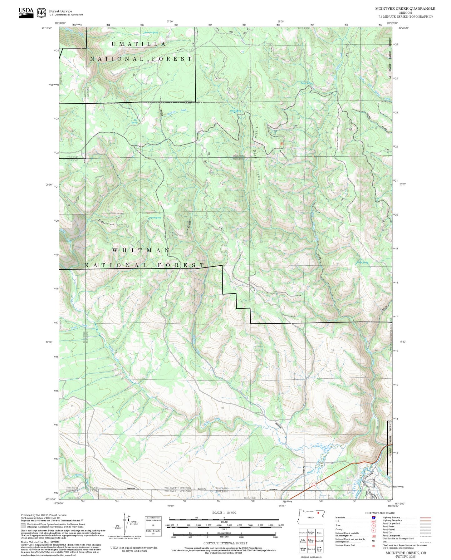 2025 Forest Service Topo Map of McIntyre Creek Oregon