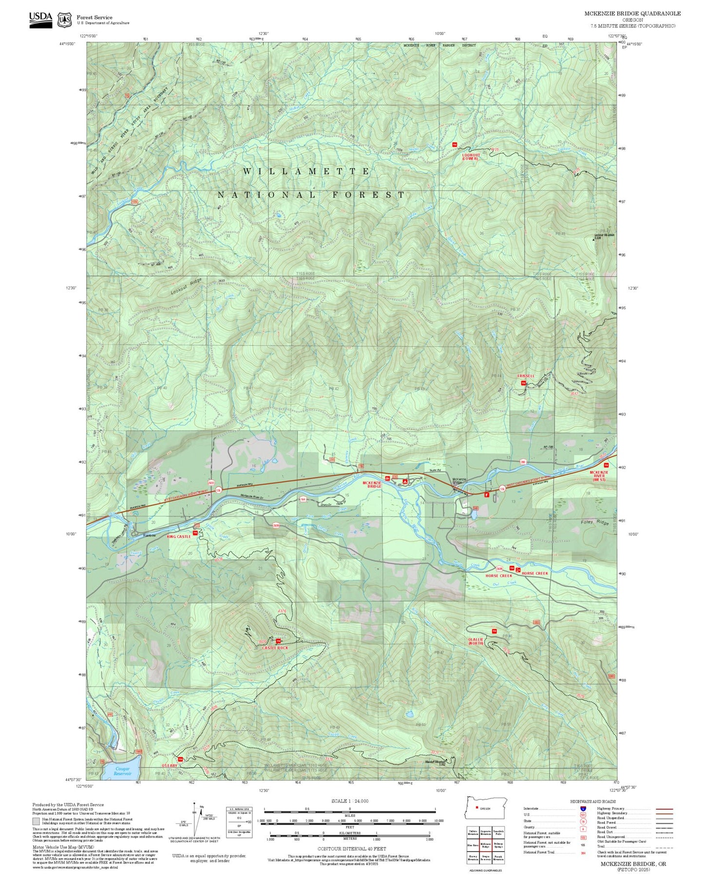 2025 Forest Service Topo Map of McKenzie Bridge Oregon