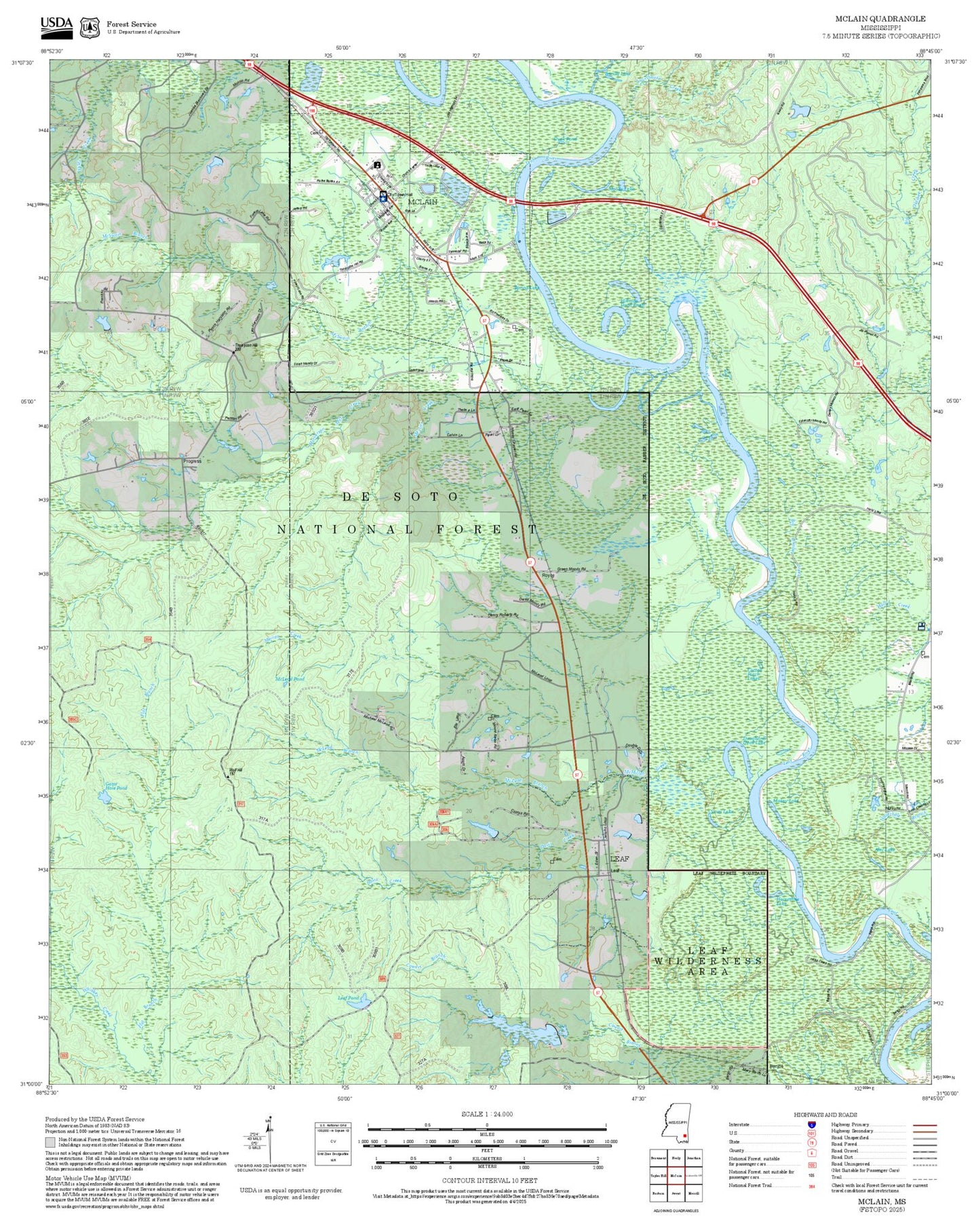 2025 Forest Service Topo Map of McLain Mississippi