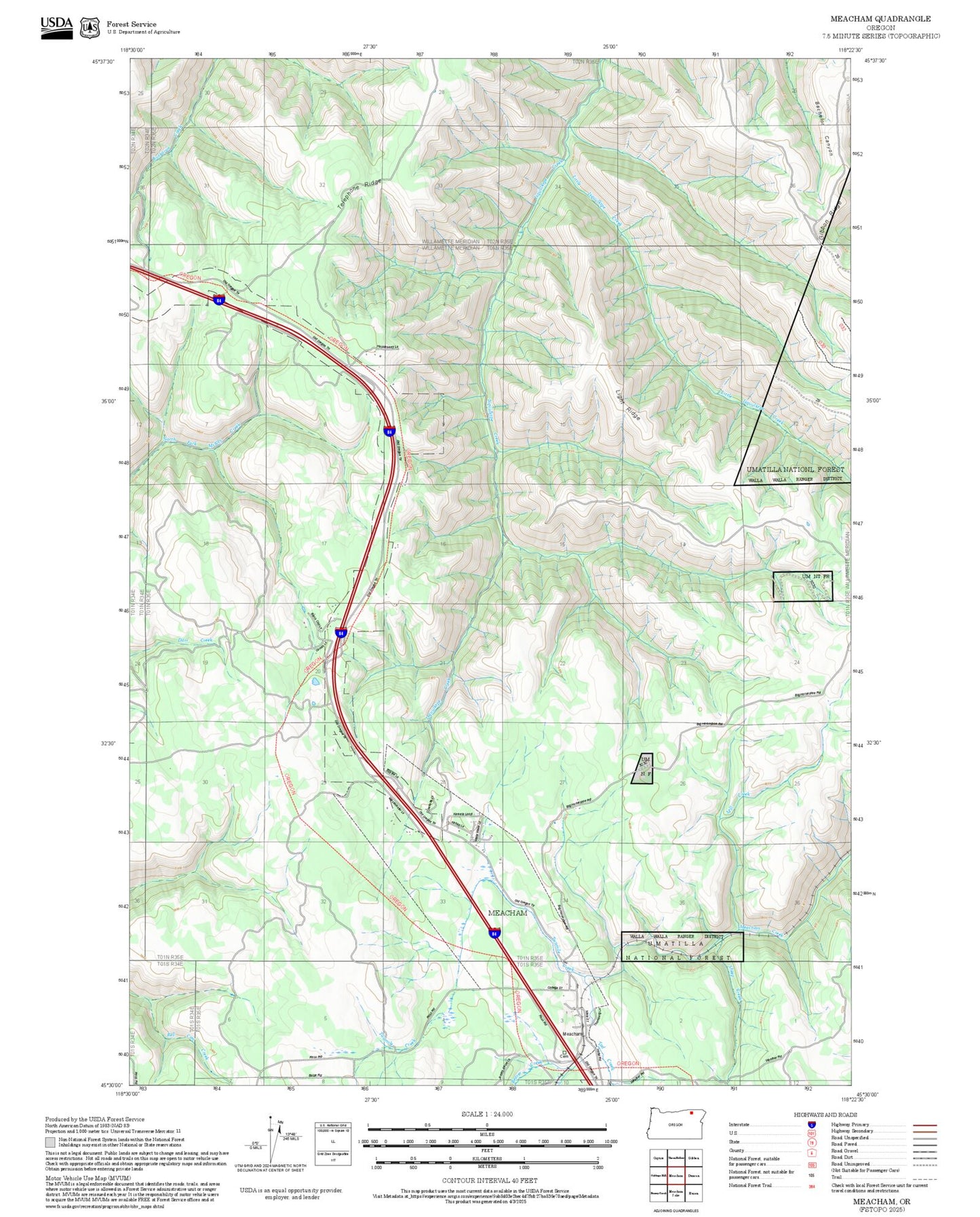 2025 Forest Service Topo Map of Meacham Oregon
