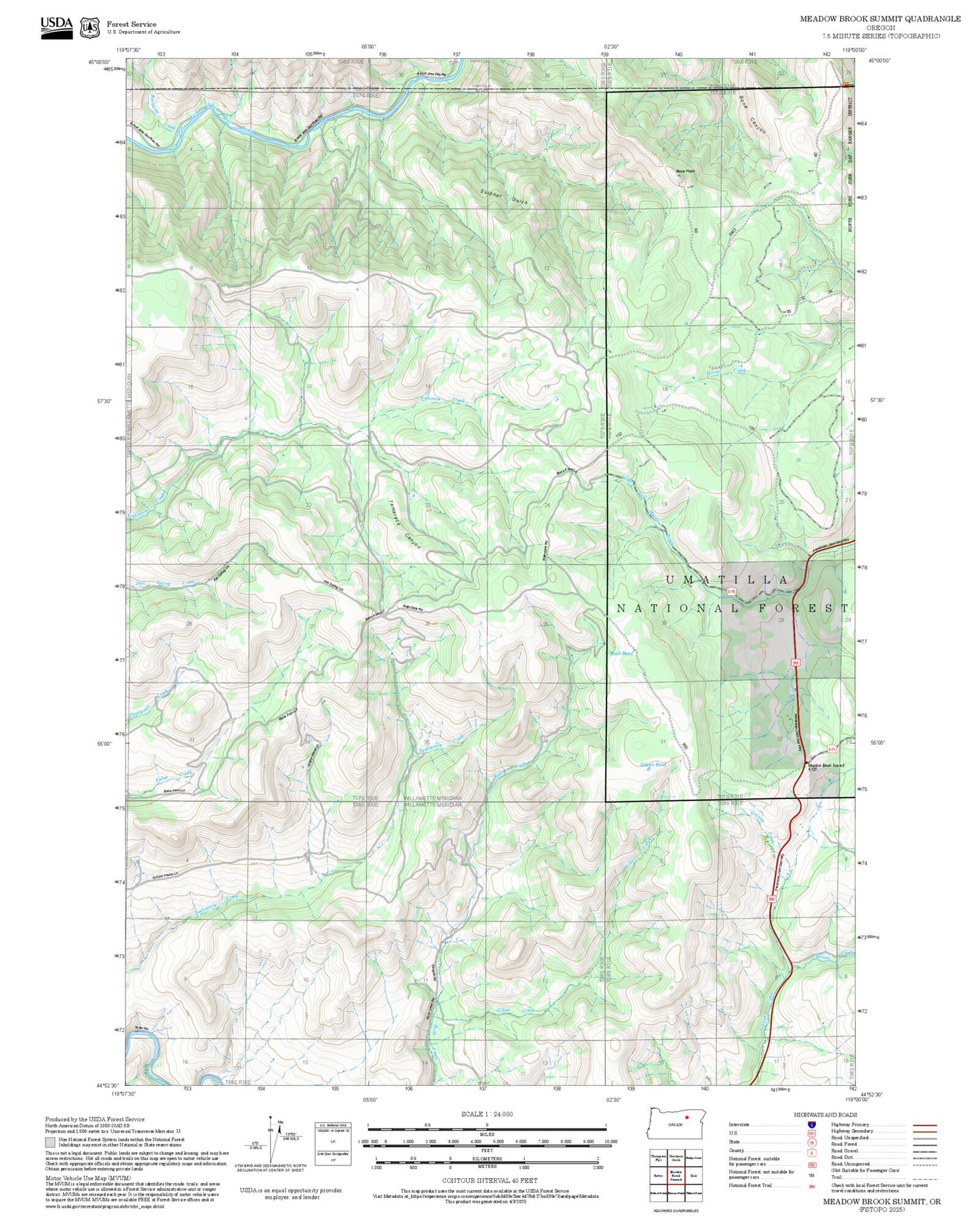 2025 Forest Service Topo Map of Meadow Brook Summit Oregon