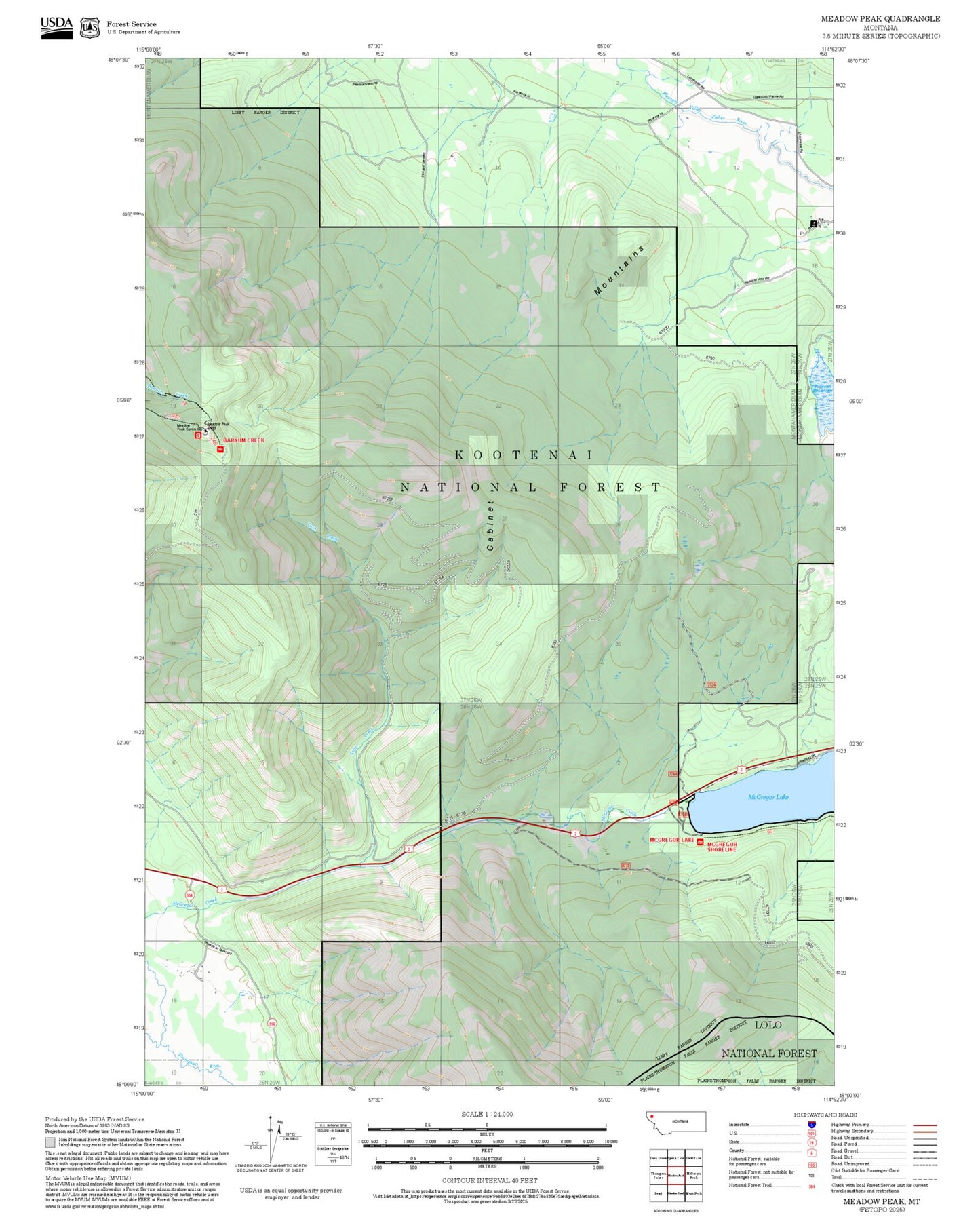2025 Forest Service Topo Map of Meadow Peak Montana