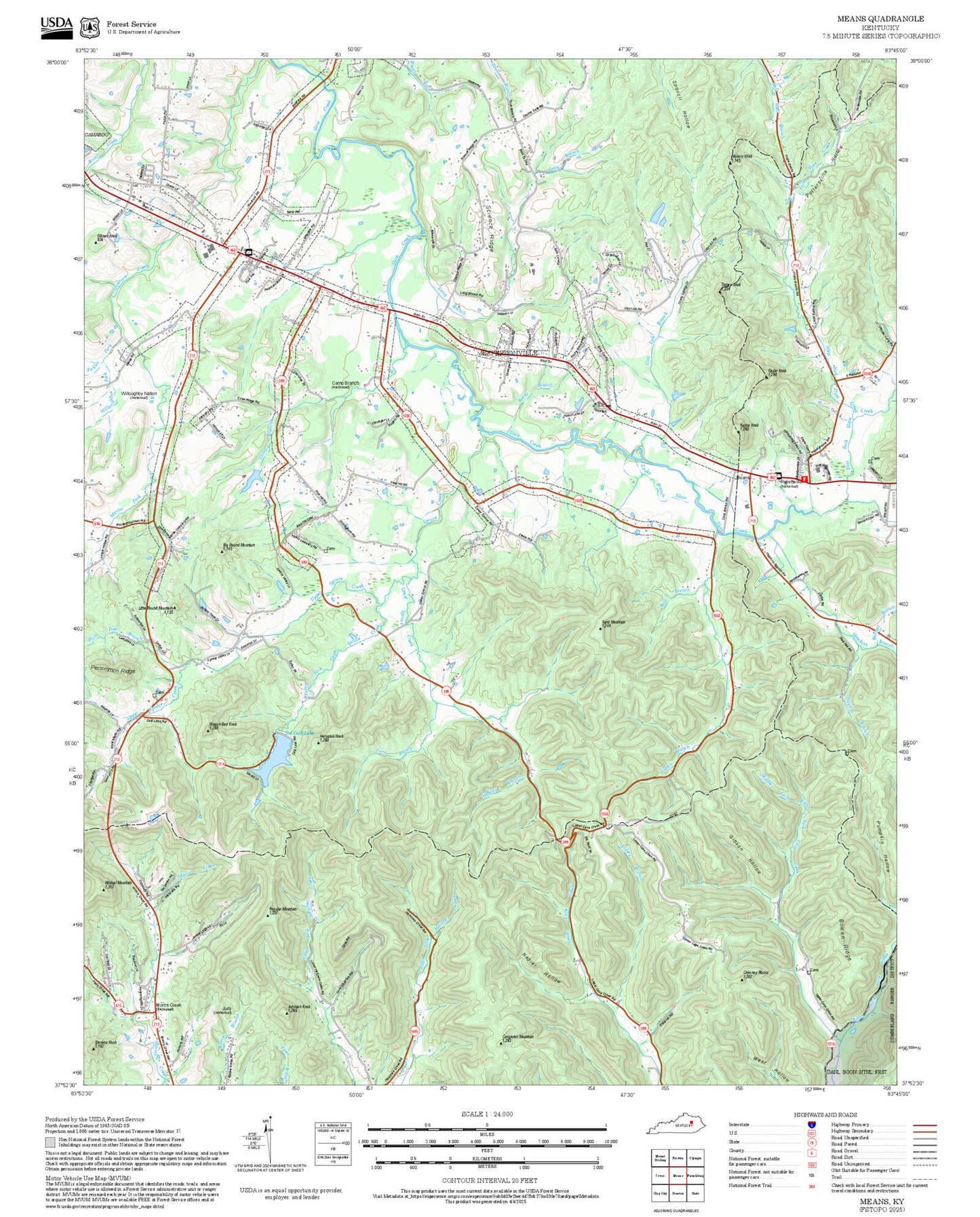 2025 Forest Service Topo Map of Means Kentucky