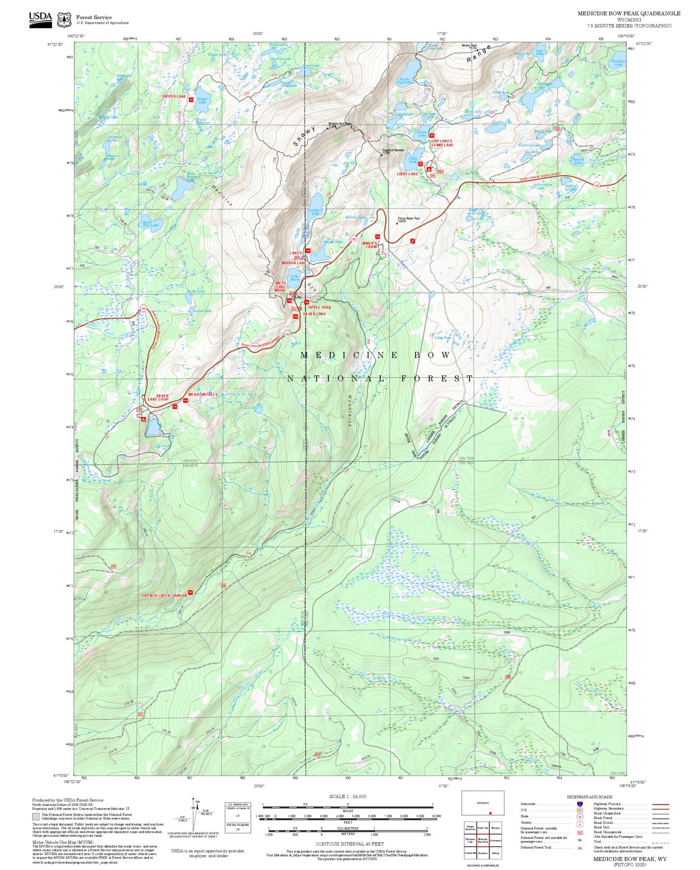 2025 Forest Service Topo Map of Medicine Bow Peak Wyoming