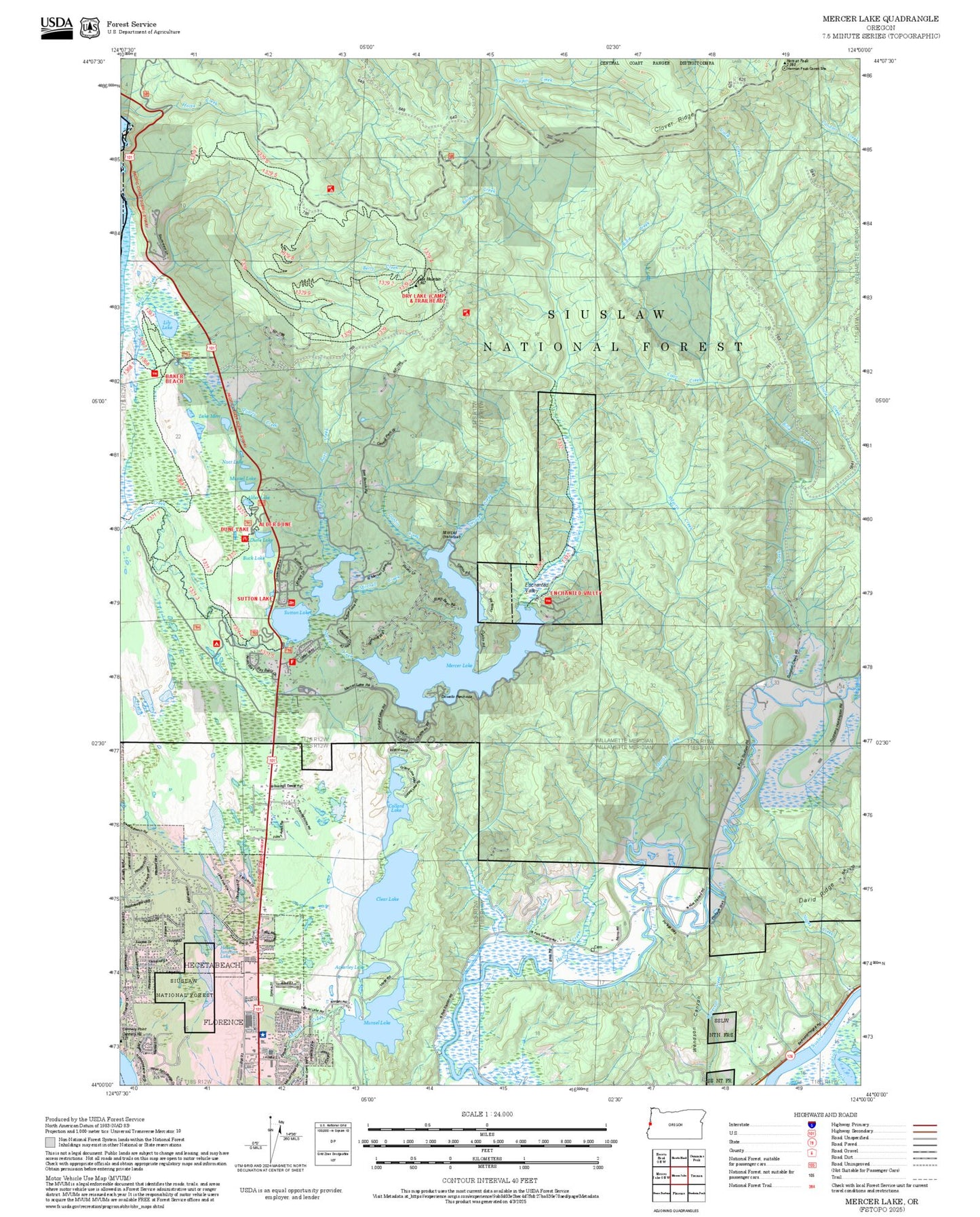 2025 Forest Service Topo Map of Mercer Lake Oregon