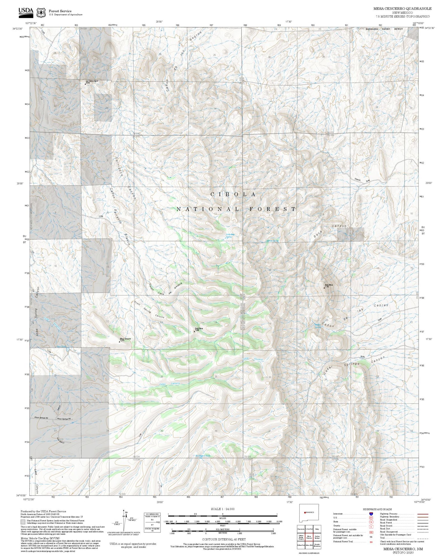 2025 Forest Service Topo Map of Mesa Cencerro New Mexico