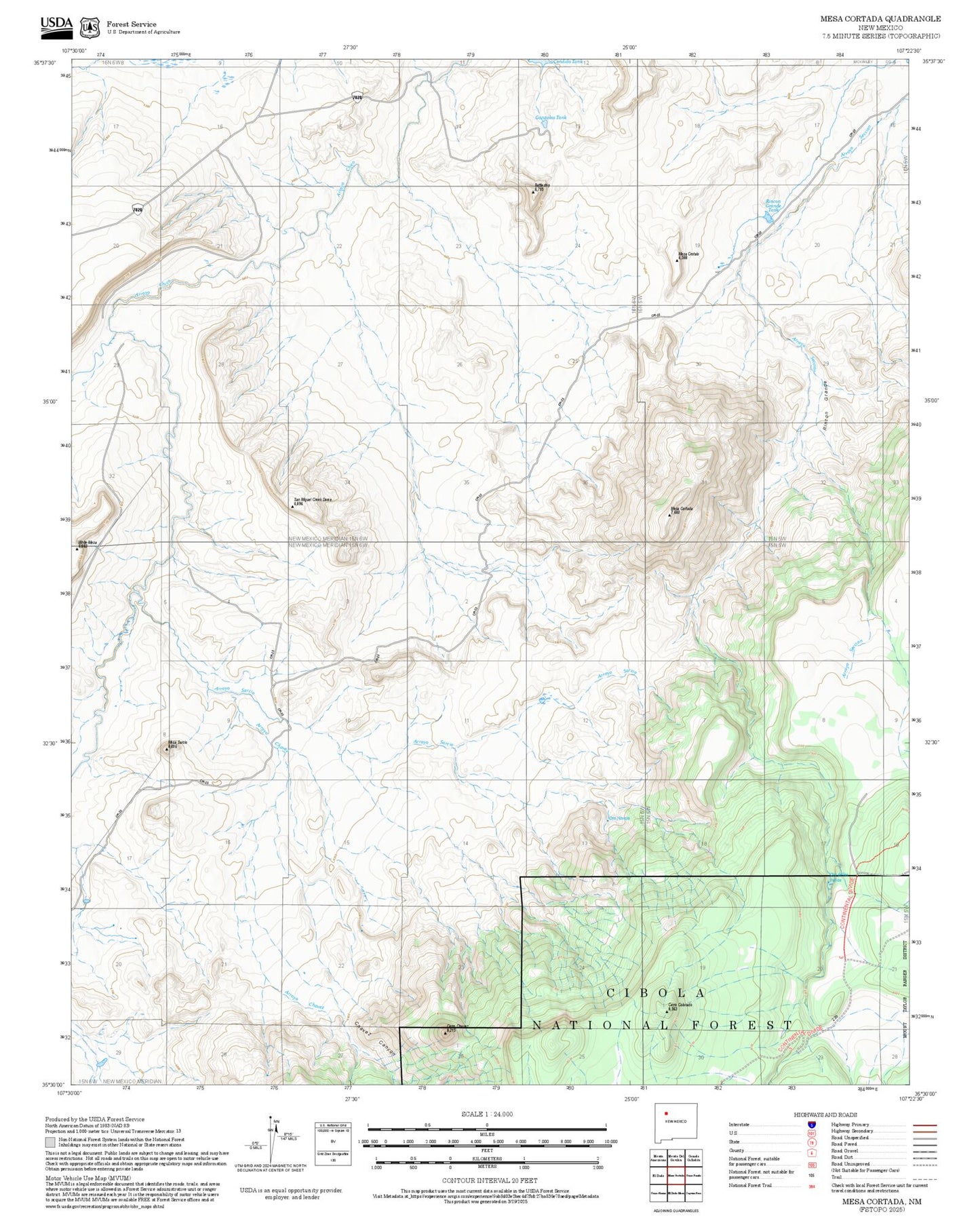2025 Forest Service Topo Map of Mesa Cortada New Mexico
