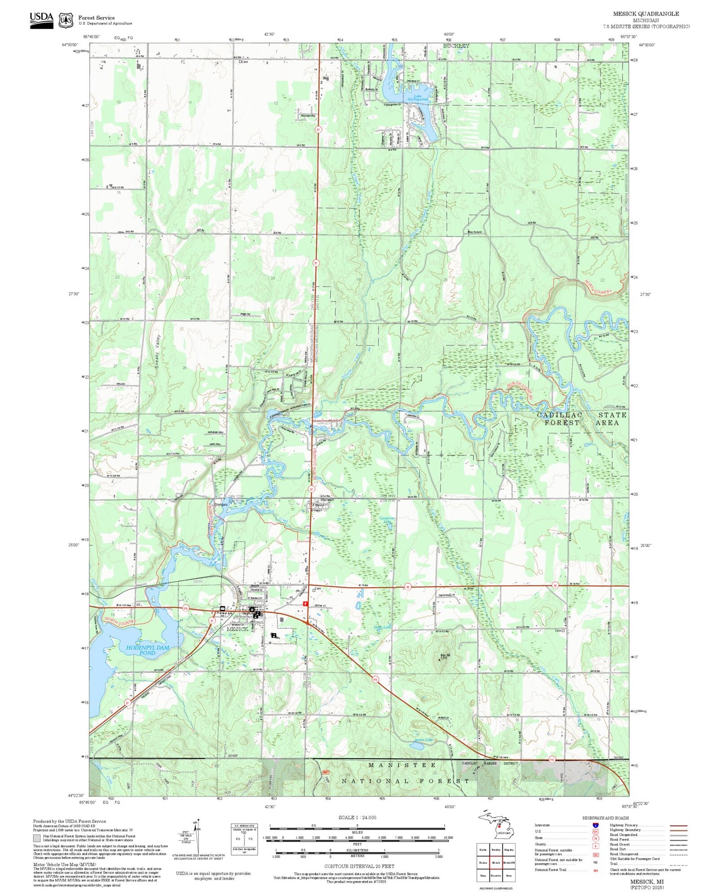 2025 Forest Service Topo Map of Mesick Michigan