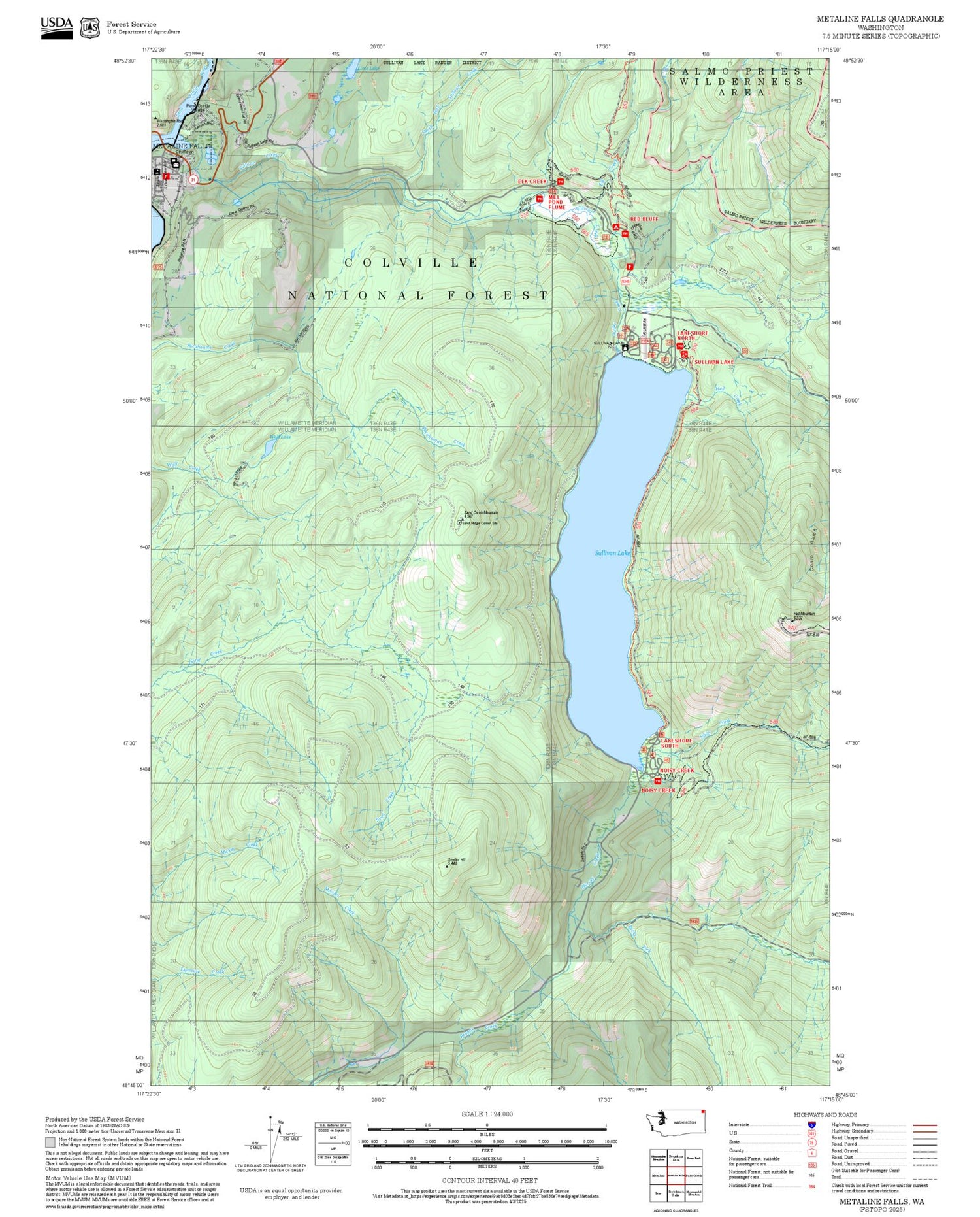 2025 Forest Service Topo Map of Metaline Falls Washington