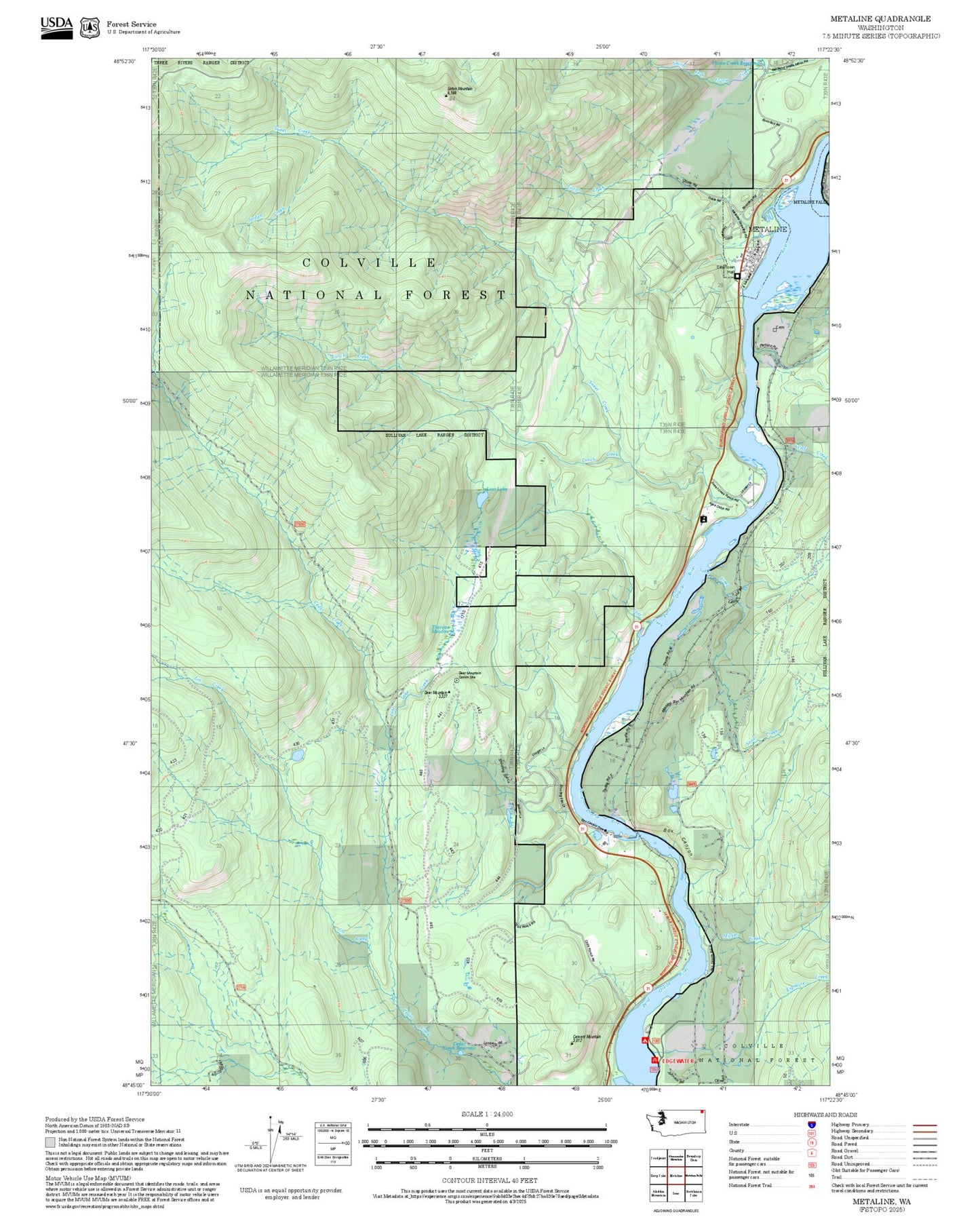2025 Forest Service Topo Map of Metaline Washington