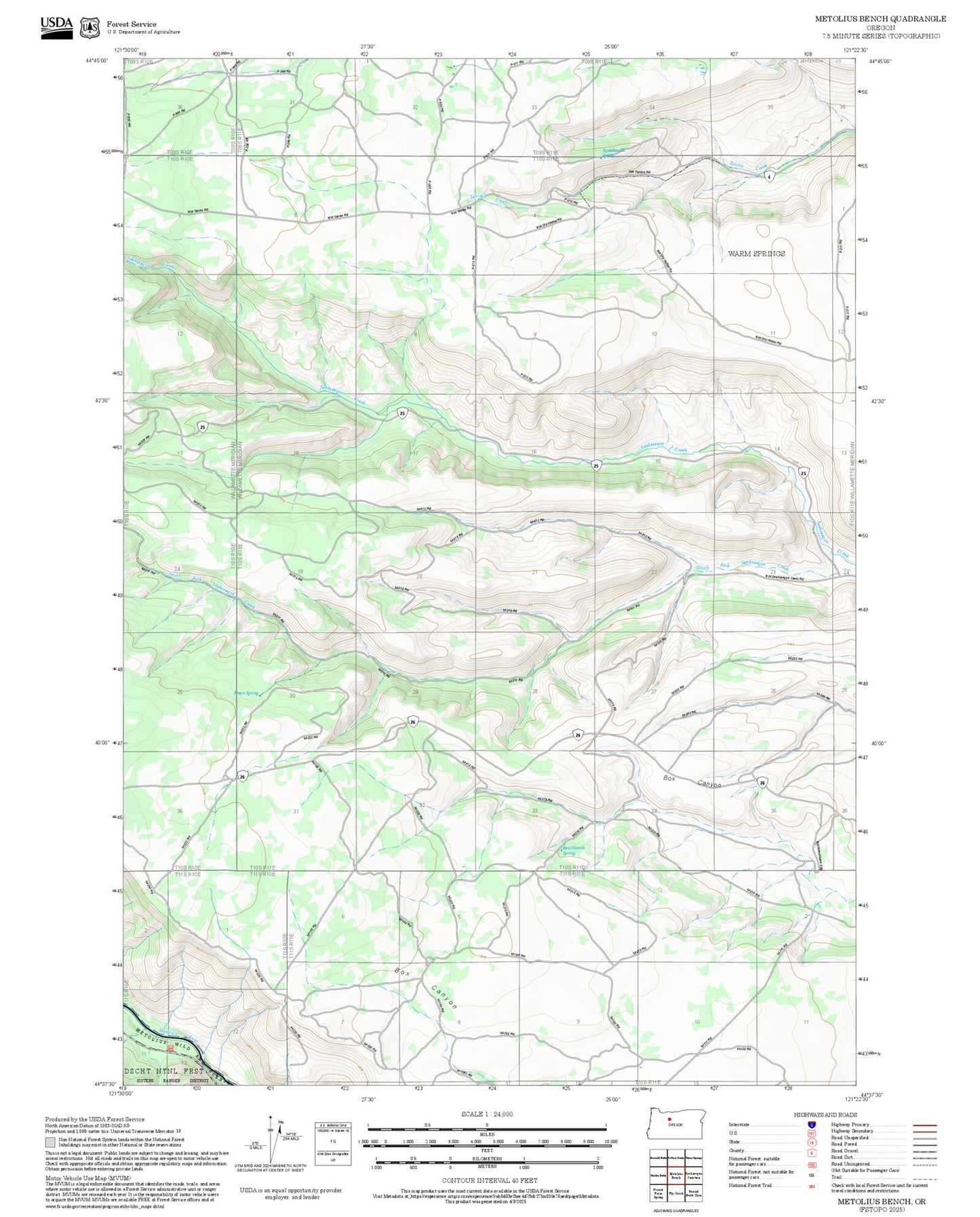2025 Forest Service Topo Map of Metolius Bench Oregon