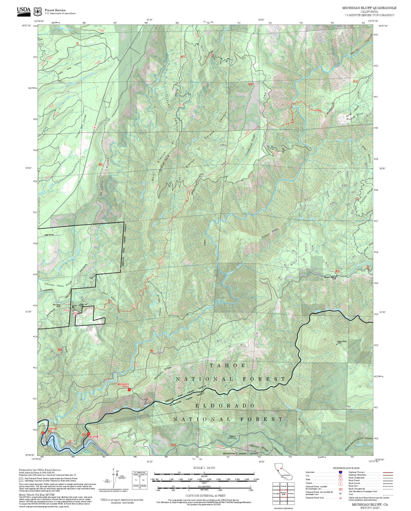 2025 Forest Service Topo Map of Michigan Bluff California