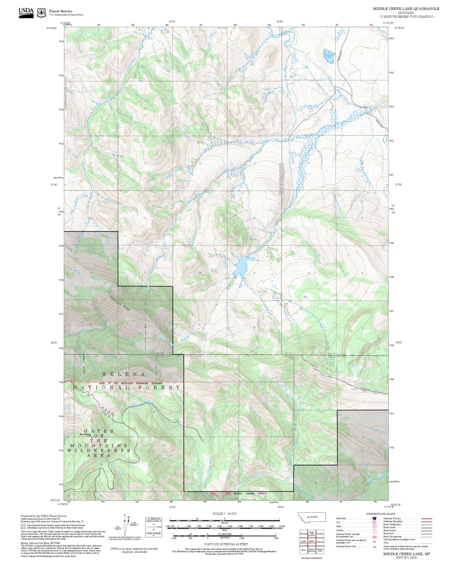 2025 Forest Service Topo Map of Middle Creek Lake Montana