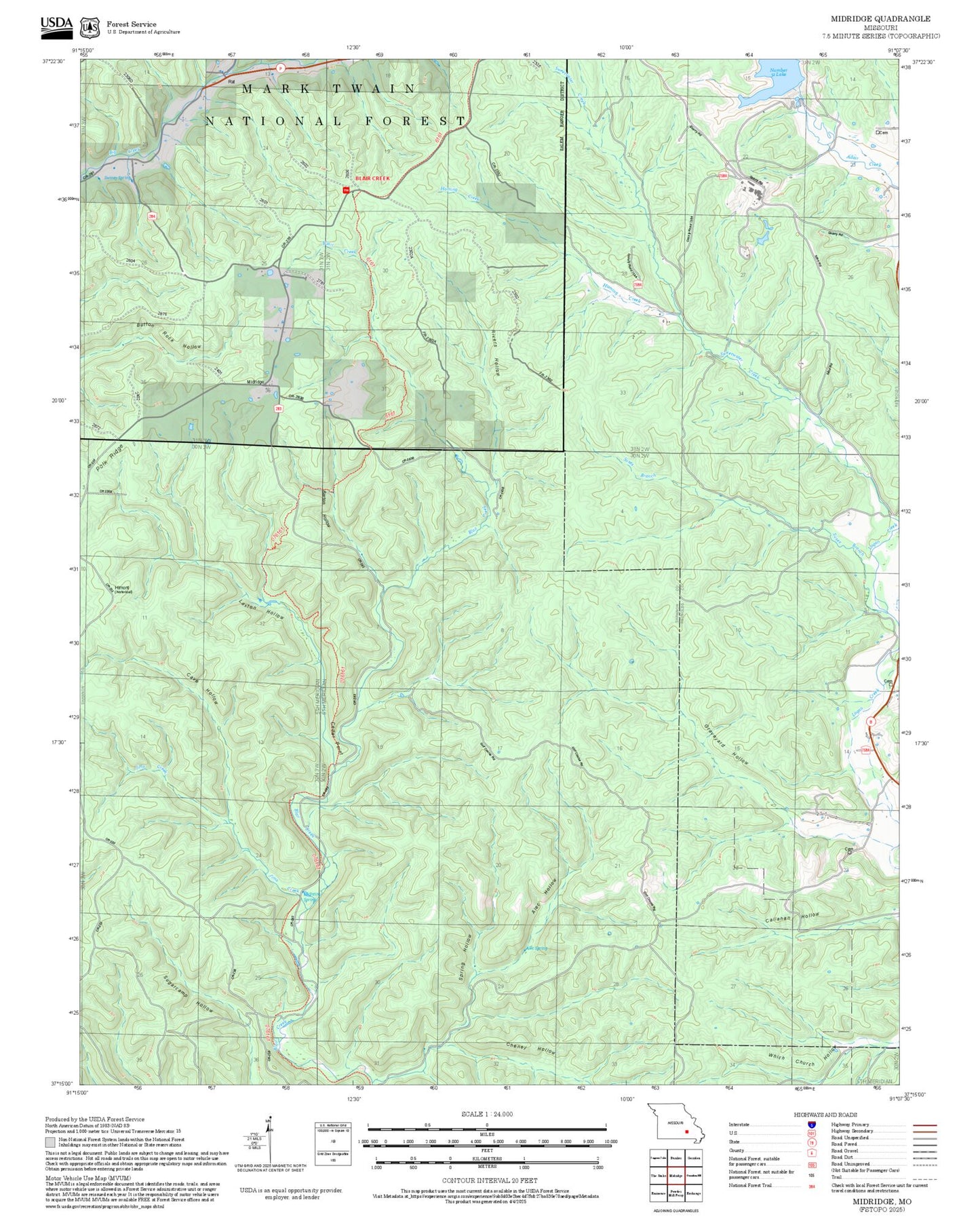 2025 Forest Service Topo Map of Midridge Missouri