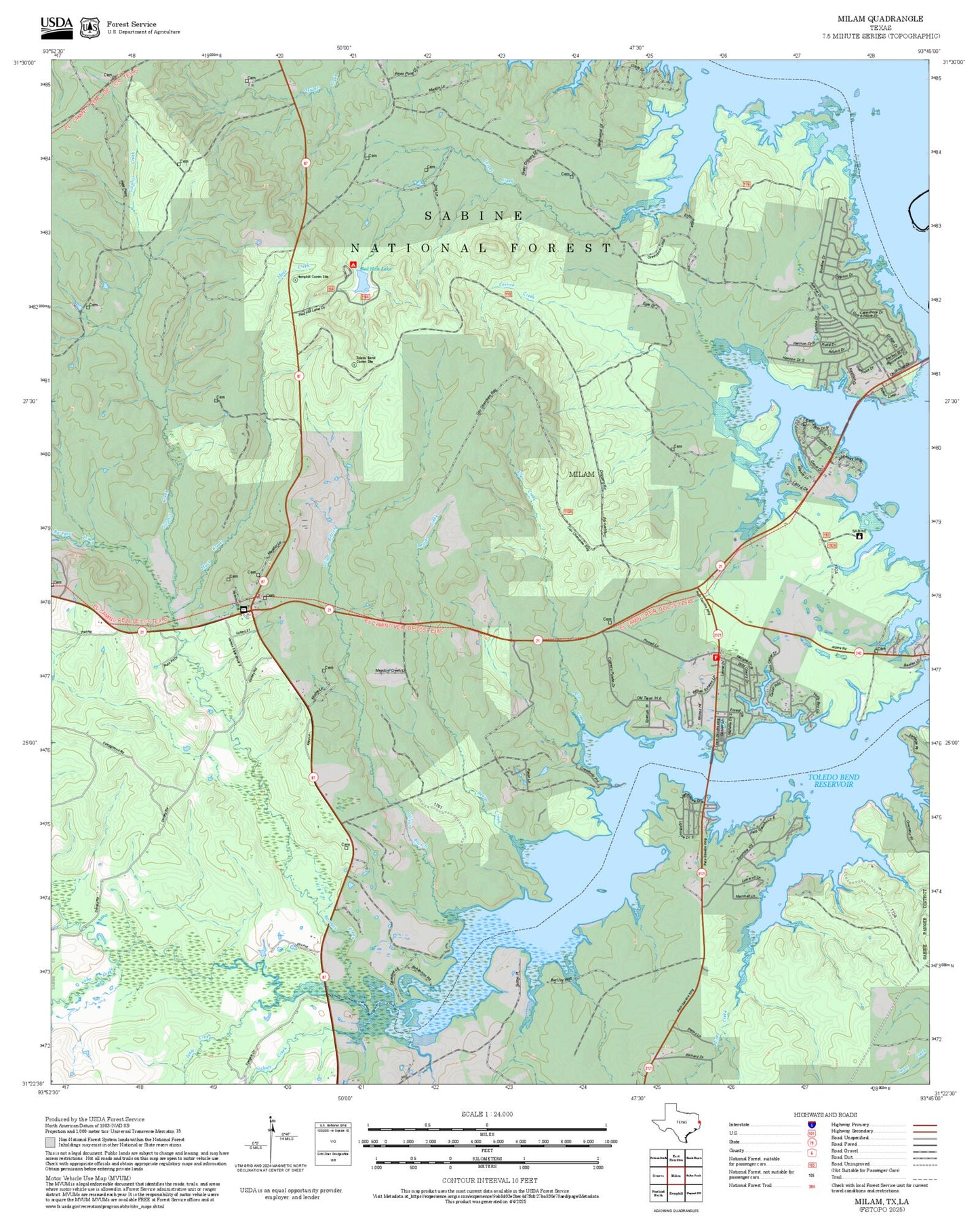 2025 Forest Service Topo Map of Milam Texas