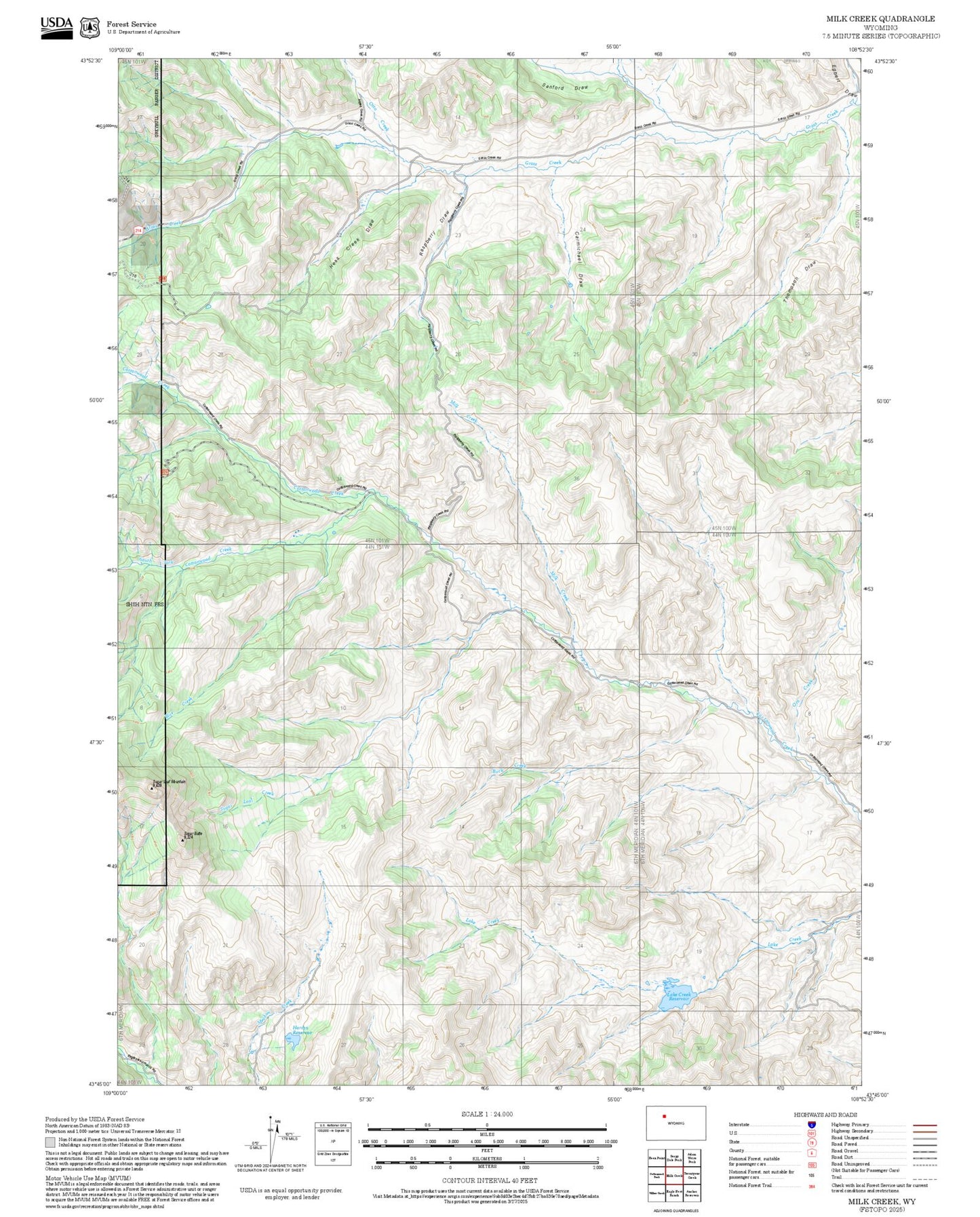 2025 Forest Service Topo Map of Milk Creek Wyoming