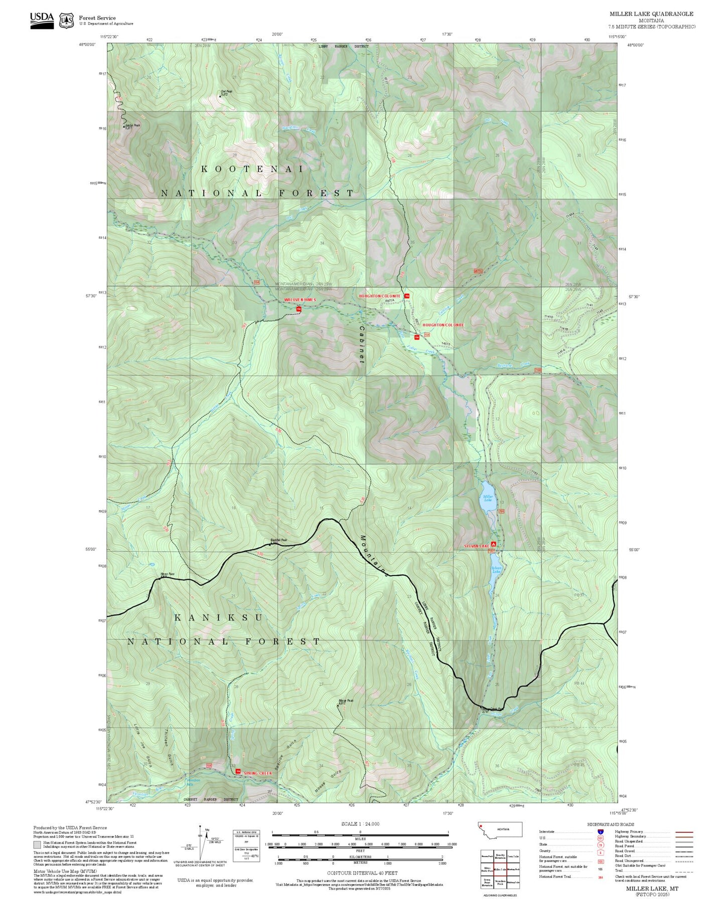 2025 Forest Service Topo Map of Miller Lake Montana
