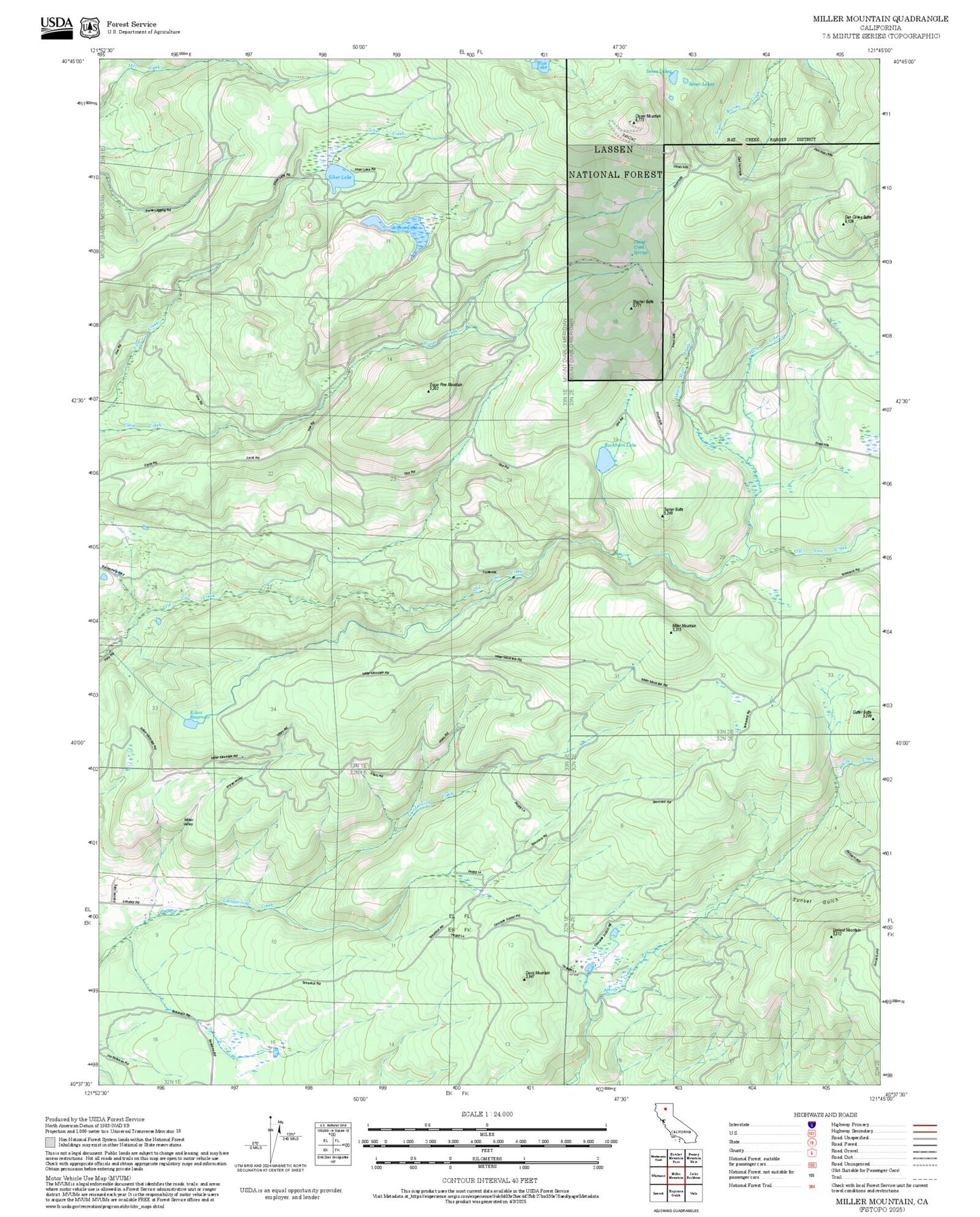 2025 Forest Service Topo Map of Miller Mountain California