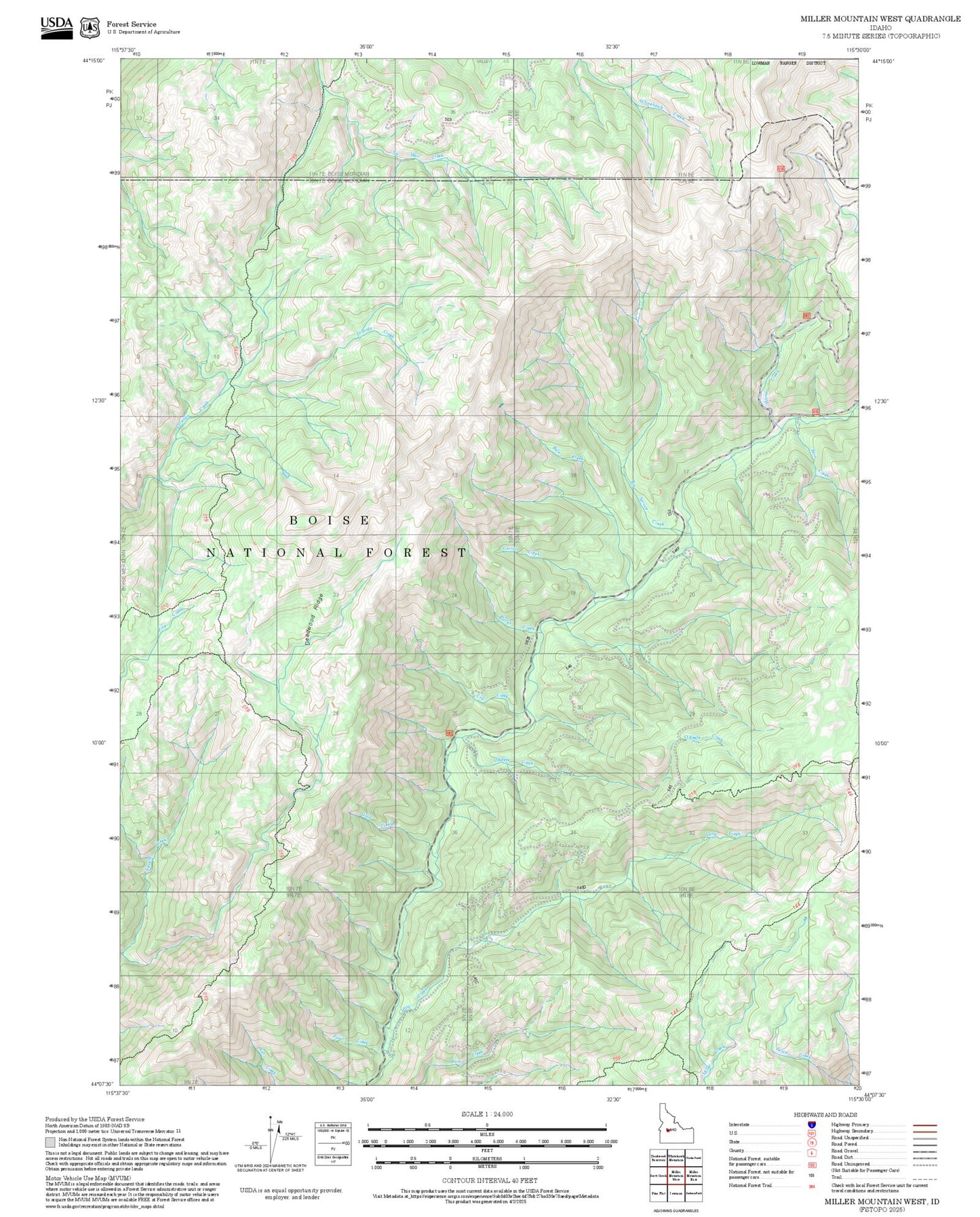 2025 Forest Service Topo Map of Miller Mountain West Idaho