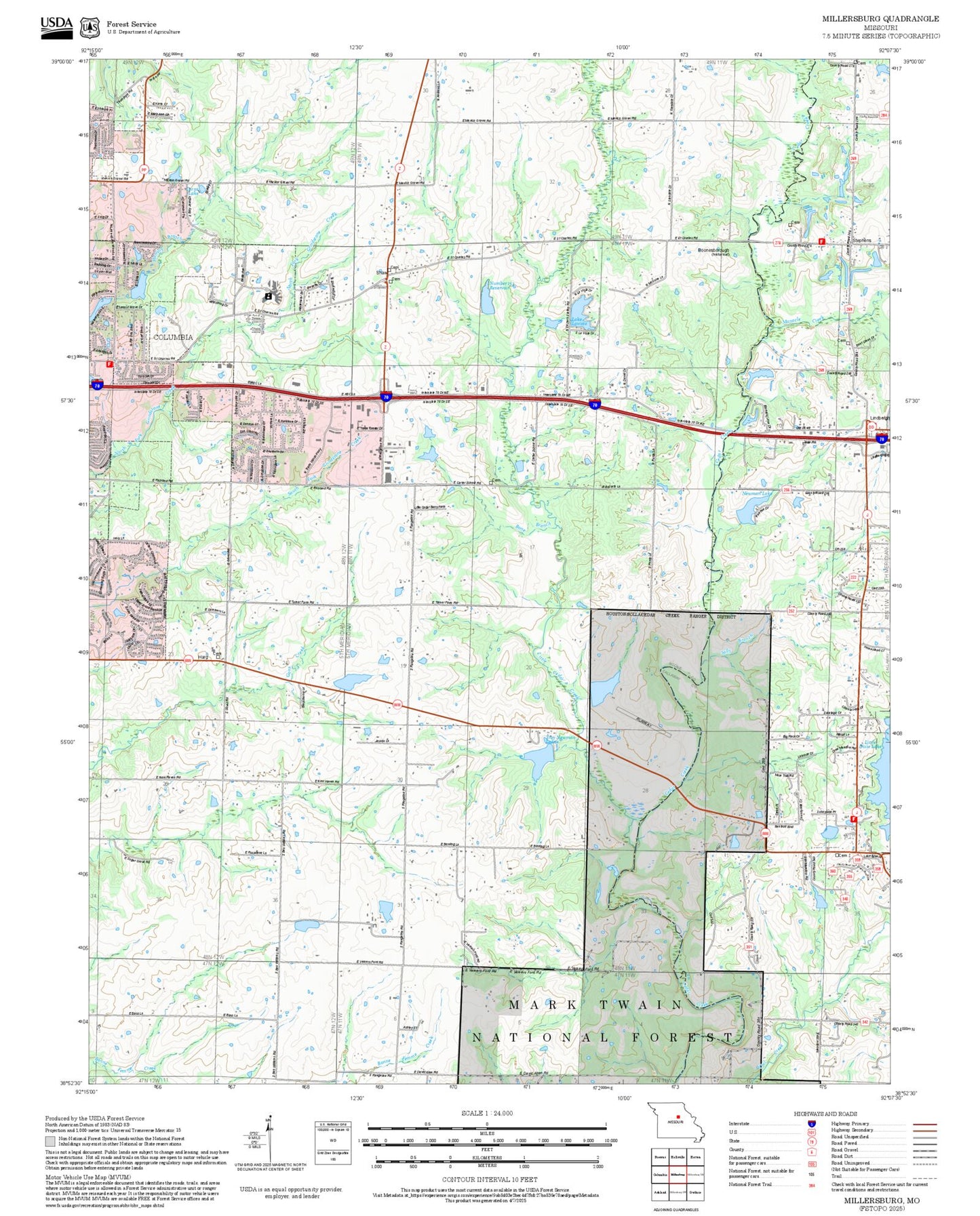 2025 Forest Service Topo Map of Millersburg Missouri