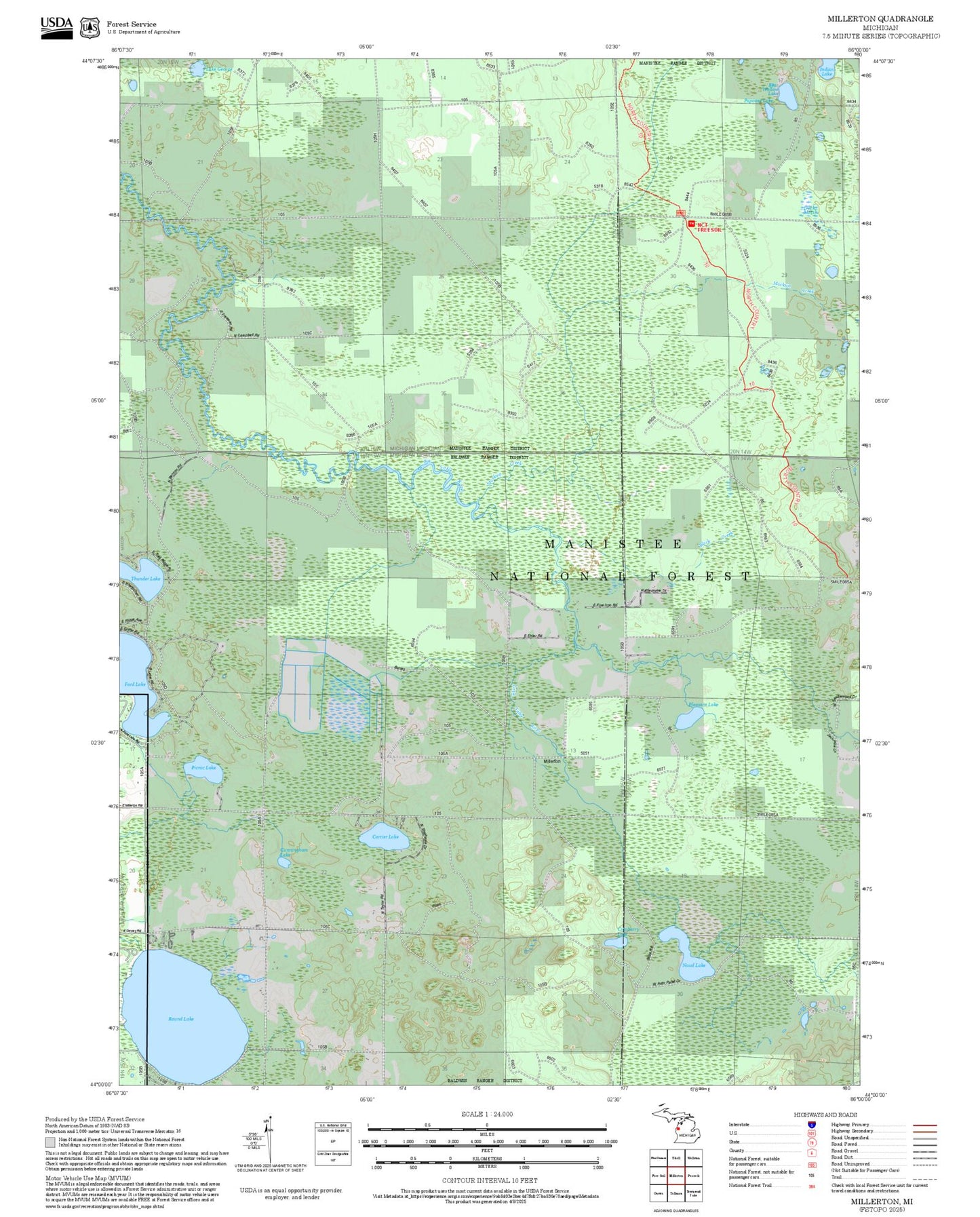 2025 Forest Service Topo Map of Millerton Michigan