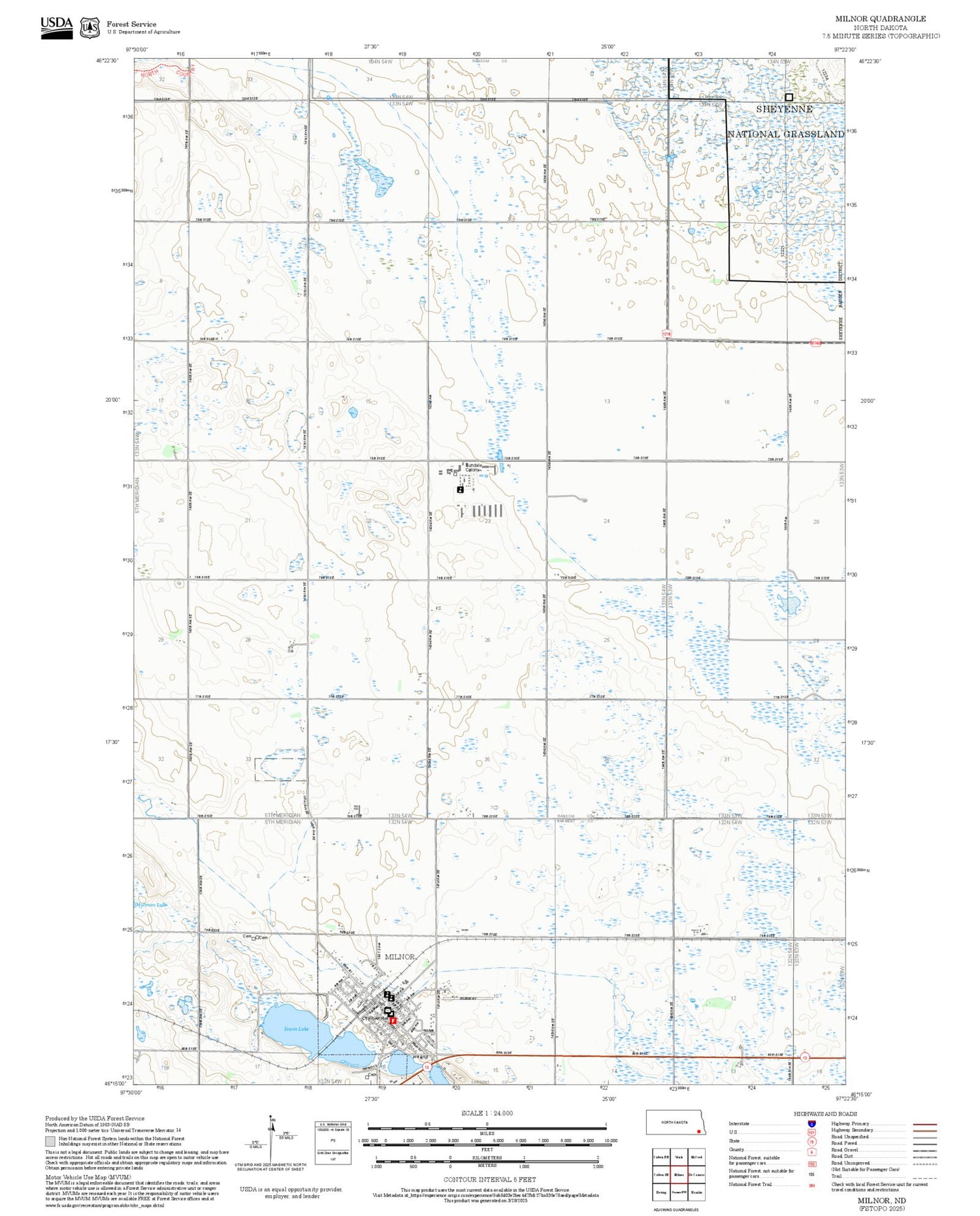 2025 Forest Service Topo Map of Milnor North Dakota