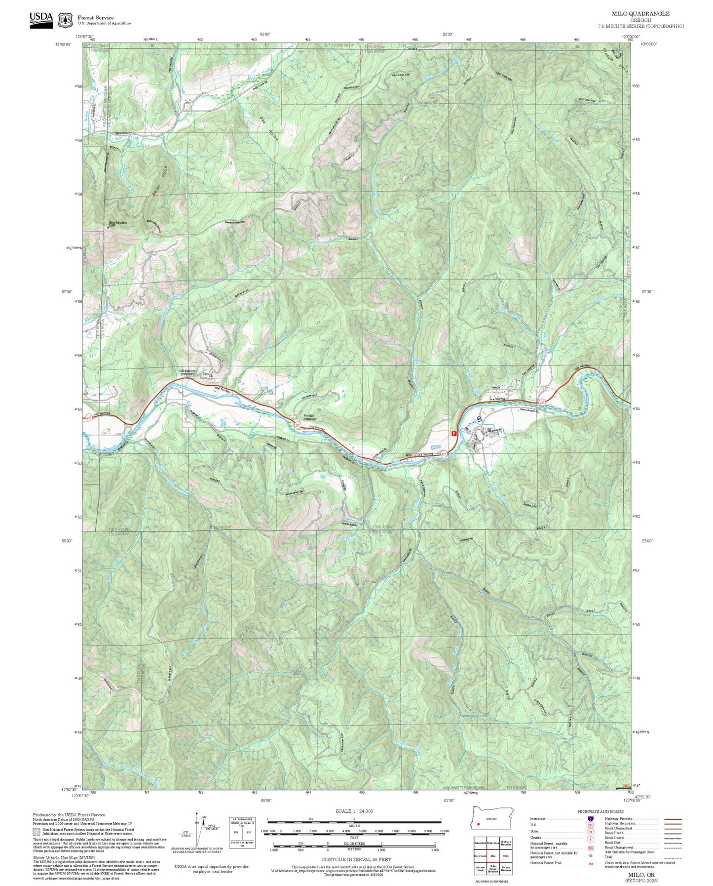 2025 Forest Service Topo Map of Milo Oregon