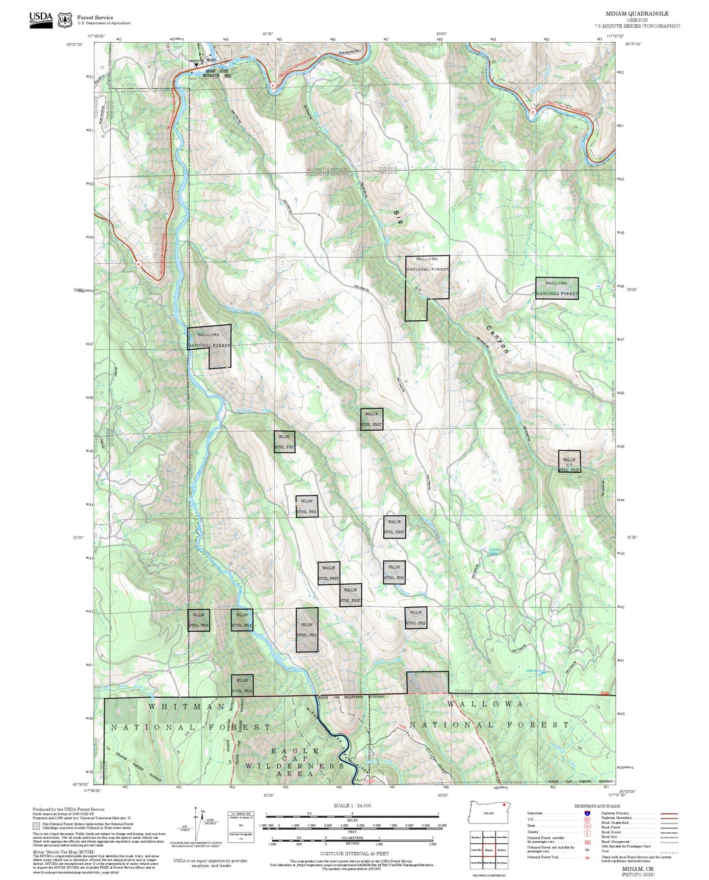 2025 Forest Service Topo Map of Minam Oregon