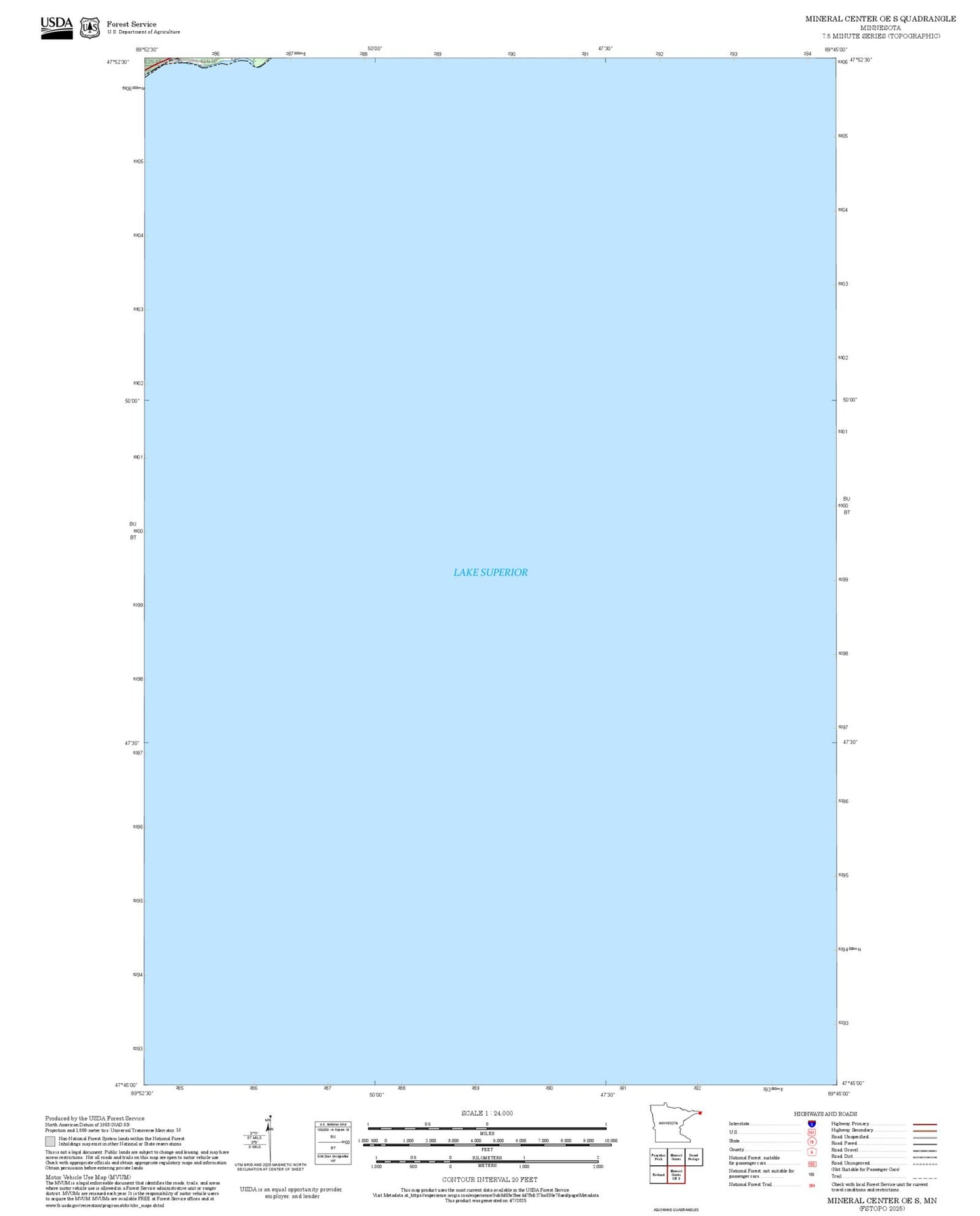 2025 Forest Service Topo Map of Mineral Center OE S Minnesota