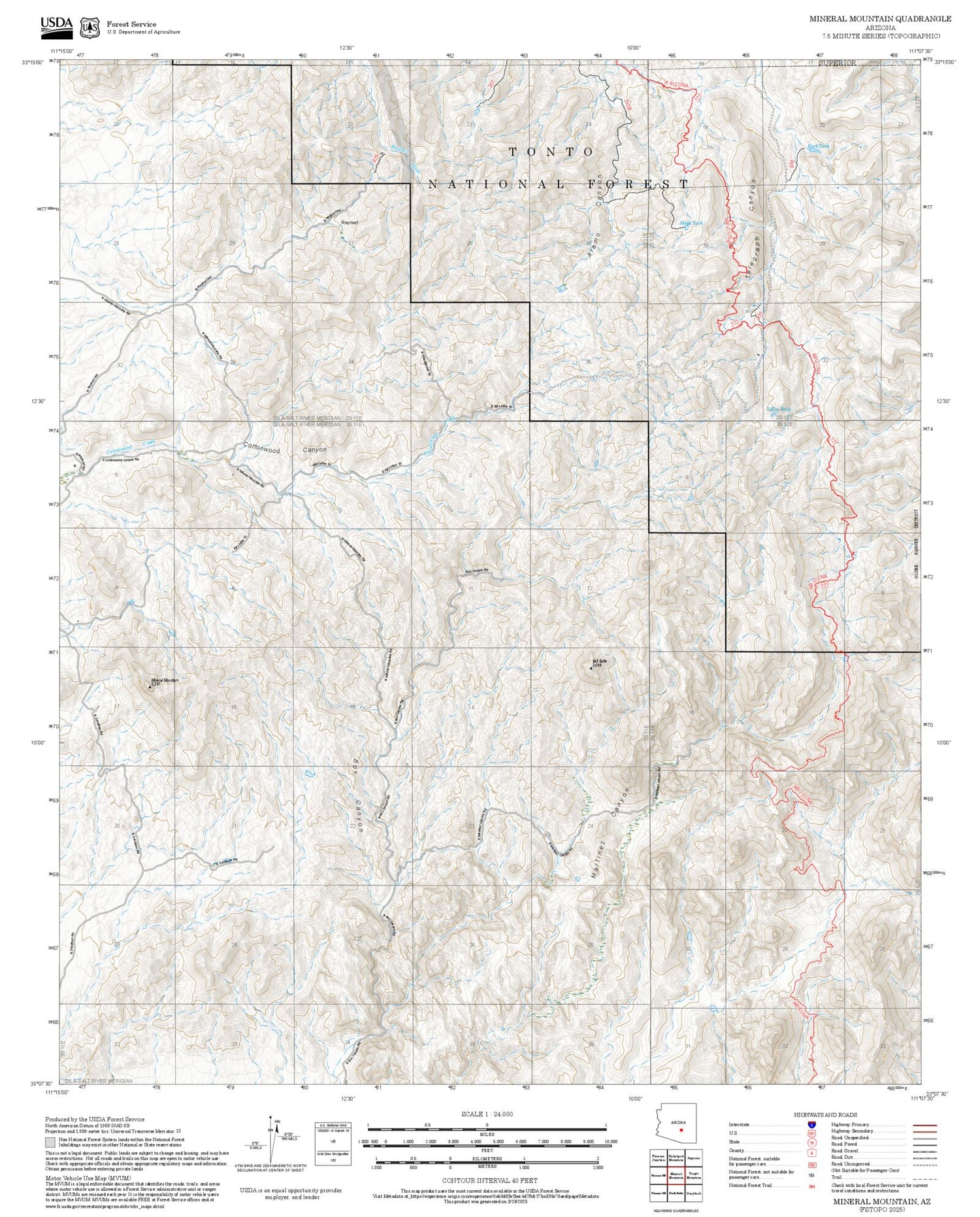 2025 Forest Service Topo Map of Mineral Mountain Arizona
